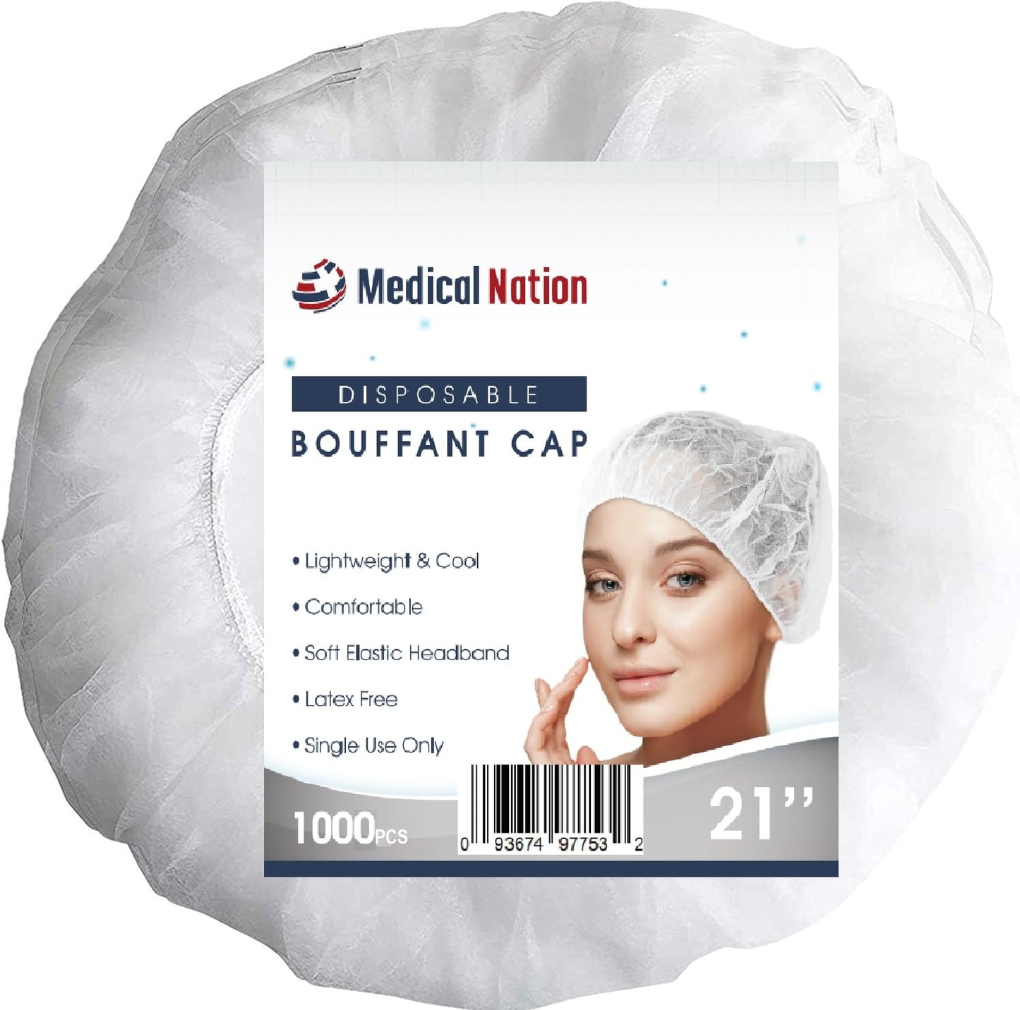 Medical Nation 21" Disposable Bouffant Caps |CASE of 1000, White| Hairnets, Non-Woven, Non-Pleated Head Hair Covers |for Medical, Labs, Nurse, Tattoo, Food Service, Hospital, Cooking - Size 21" White