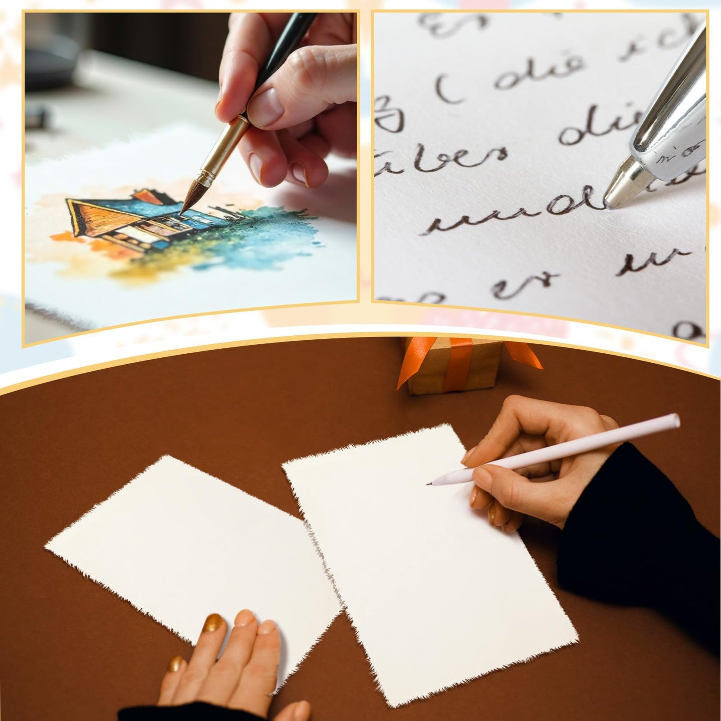 Motiskyy 100 Sheets Cream Deckle Edge Paper 5.8" x 8.3" Acid Free Cotton Paper 160gsm for Printing, Watercolor, Scrap Booking, Crafting