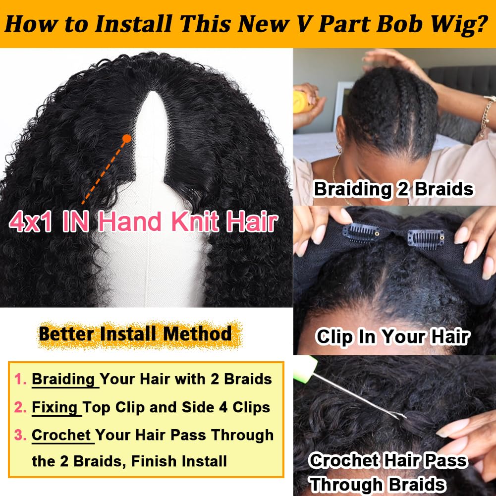 RAGMZZE v part wig human hair kinky curly upgrade u part glueless wigs human hair pre plucked pre cut for black women 180% density 4x4x1 inch middle net clip in half wig natural black 14 inch