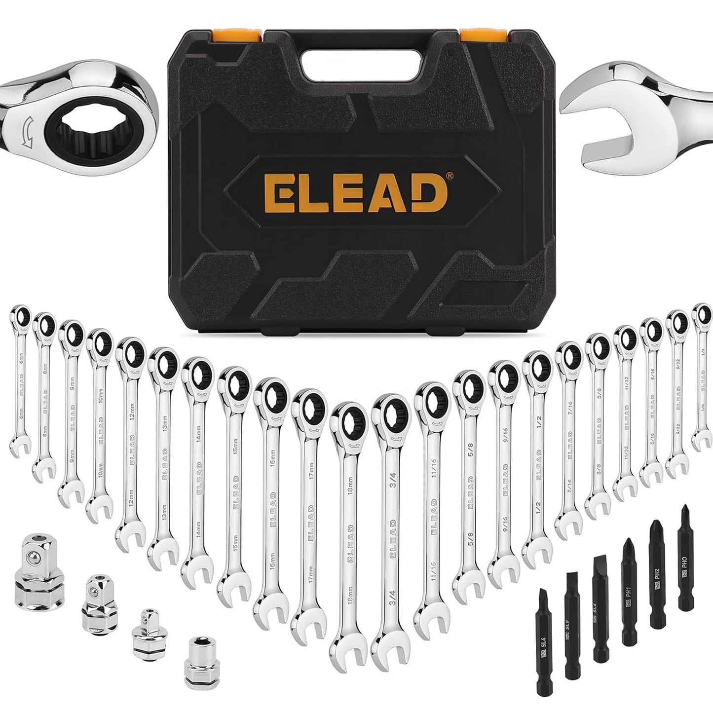 ELEAD 33-Piece Combination Ratchet Wrench Set | SAE & Metric Sizes (1/4" to 3/4" & 6-18mm) | 72-Tooth Gear Design | CR-V Steel | Organizer Carry Case | Ideal for Mechanics & DIY