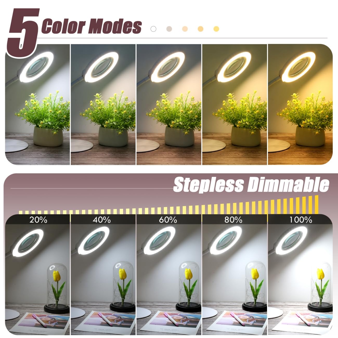 Krstlv 10X Magnifying Glass with Light and Stand, 5 Color Modes Stepless Dimmable LED Lighted Desk Lamp, Hands Free Flexible Gooseneck Magnifier with Light for Craft Hobby Painting Close Work - White