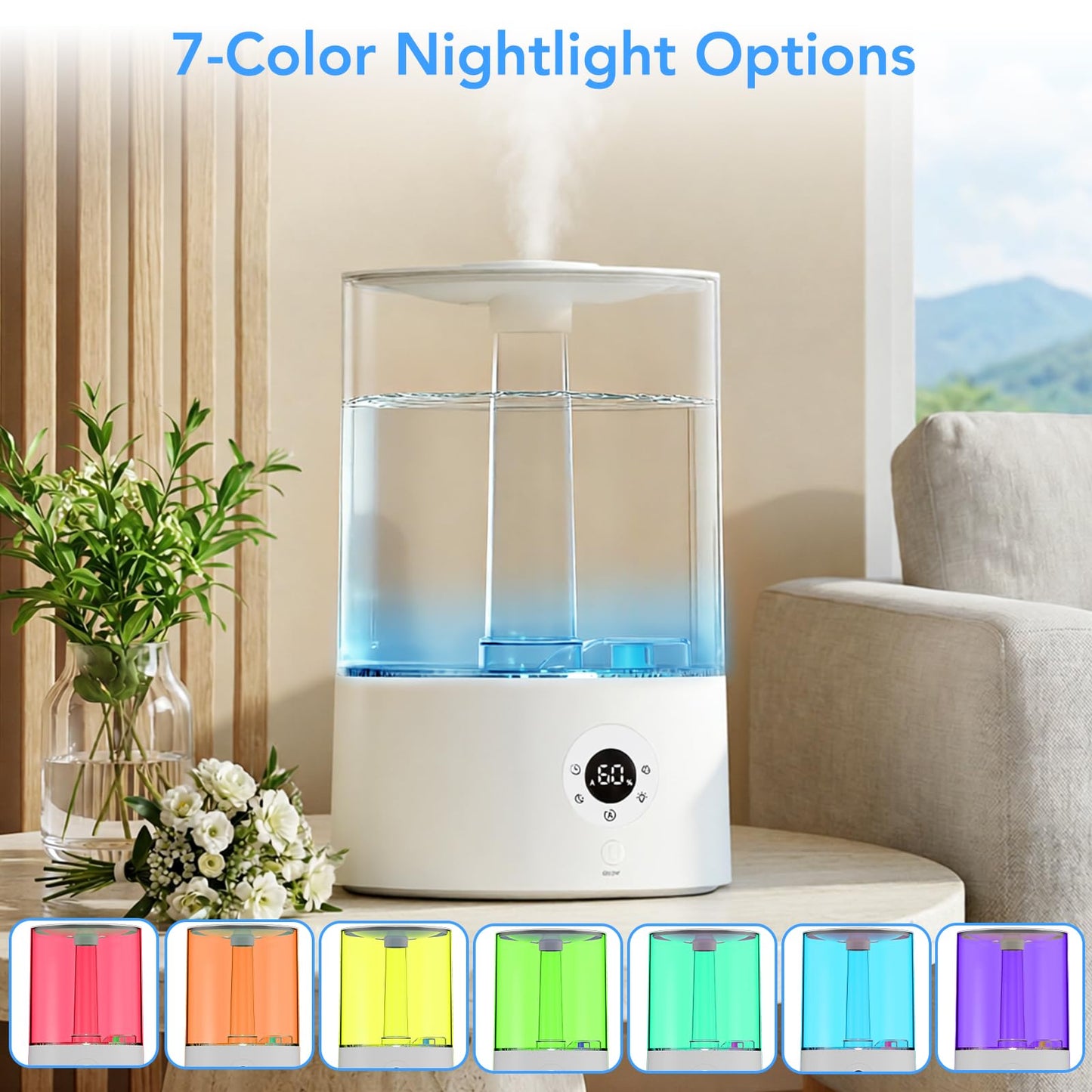 Electactic 4L Top Fill Humidifier for Bedroom, Auto Constant Humidity, Smart Control, Quiet Ultrasonic Cool Mist, 360° Nozzle, 3 Mist Levels, 7-Color Light for Home Office Baby Room