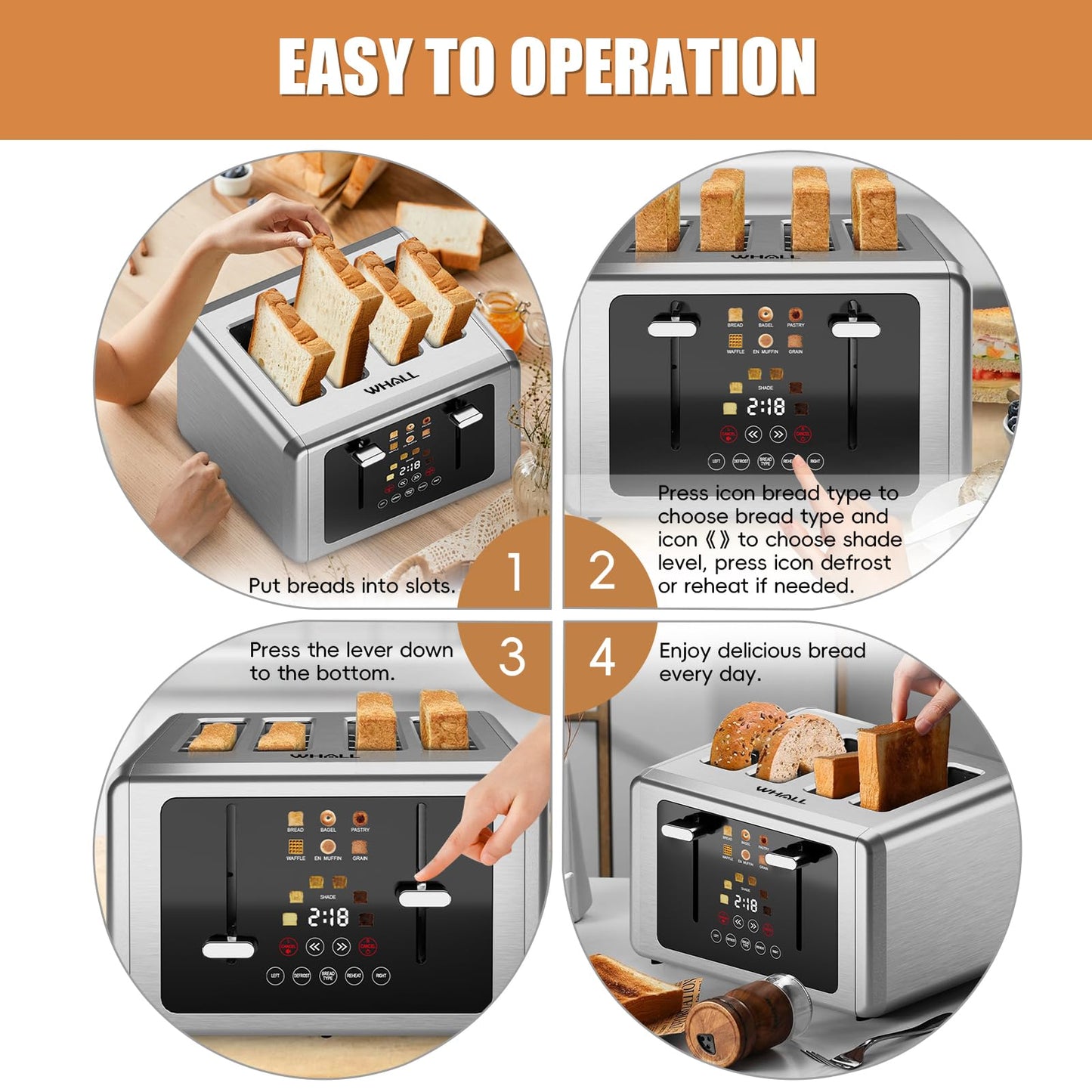 Whall 4-Slice Smart Toaster with Touchscreen & Extra-Wide Slots, Dual Independent Control, 6 Browning Levels & 6 Bread Types, Memory Function,Countdown Timer, Ideal Kitchen Gift,Platinum