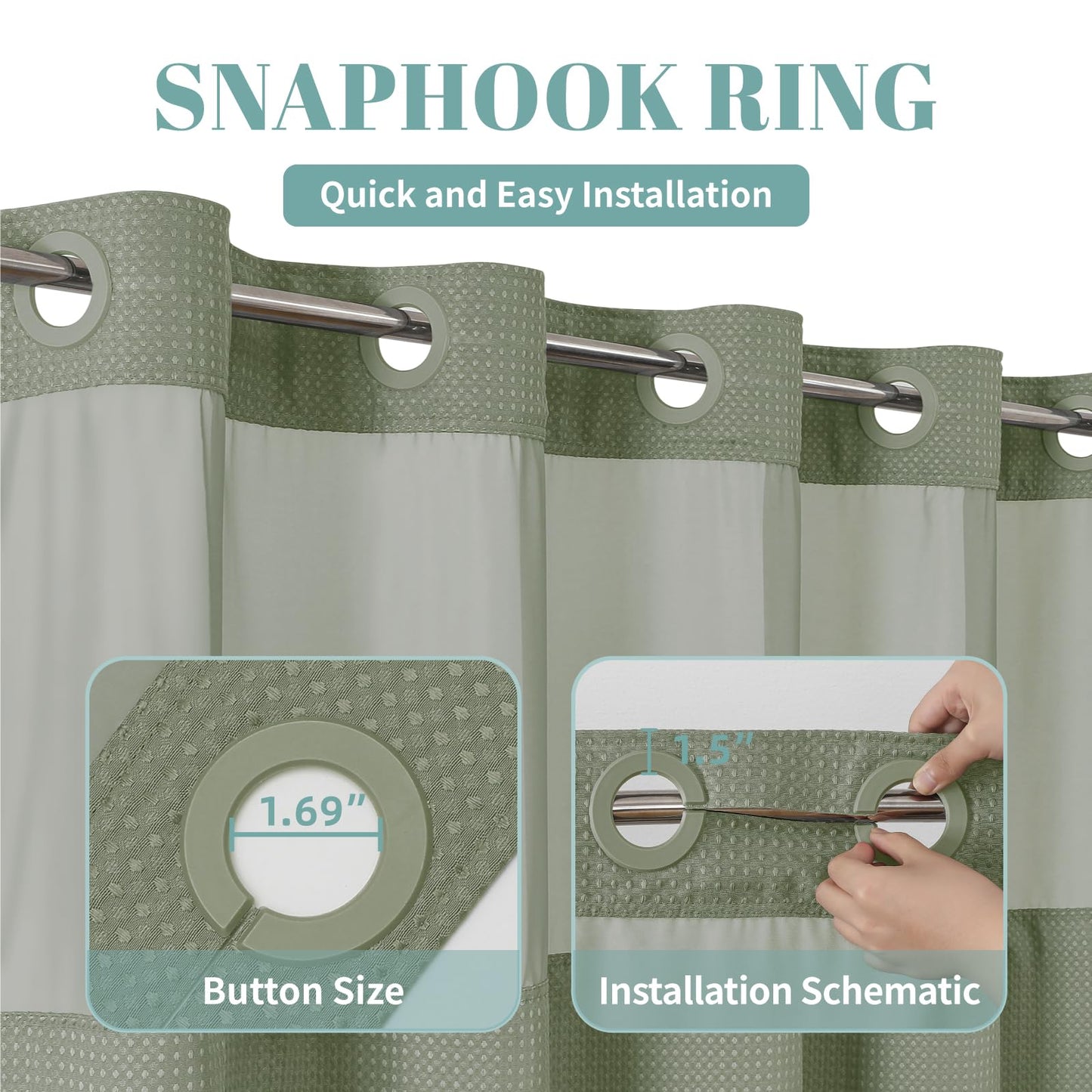 eachope SageGreen No Hook Waffle Weave Shower Curtain with snap-in Liner Replacement, 230GSM Waterproof Fabric Hotel Shower Curtain Set for Bathroom, Through Mesh Top Window,71Wx74H