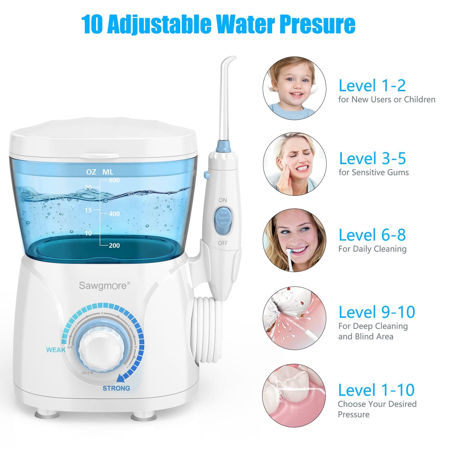 Sawgmore FC166 Water Flosser for Teeth/Braces, 600 ml Large Capacity, 10 Adjustable Pressures,8 Home Nozzles Professional Oral Irrigator for Teeth Clean(White)