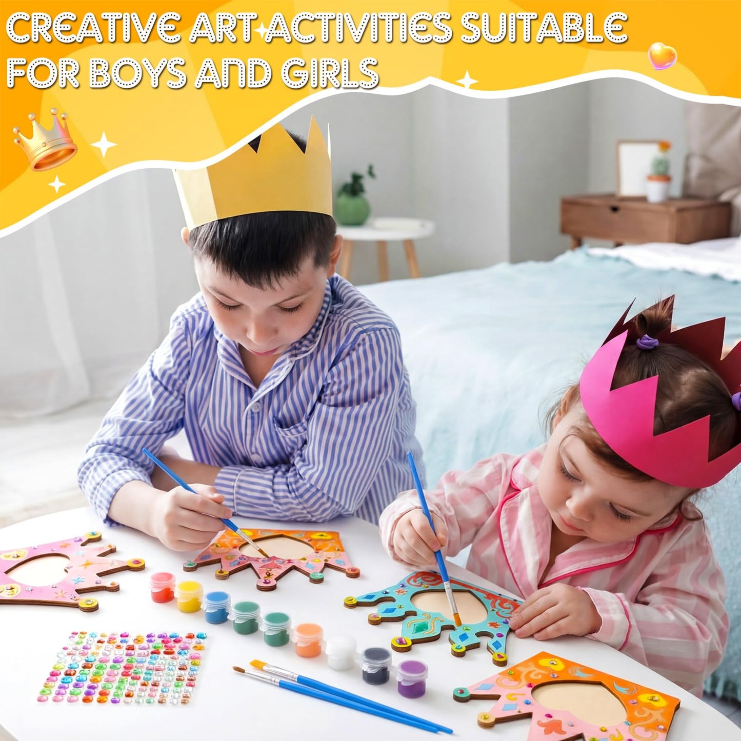 Blueweenly 12 Pcs DIY Picture Frame Painting Craft Kits for Kids Wooden Crown Princess Party Favors Paint and DIY Your Own Frame with 88 Cell Rhinestone Stickers 12 Color Paint Girl Birthday(Heart)