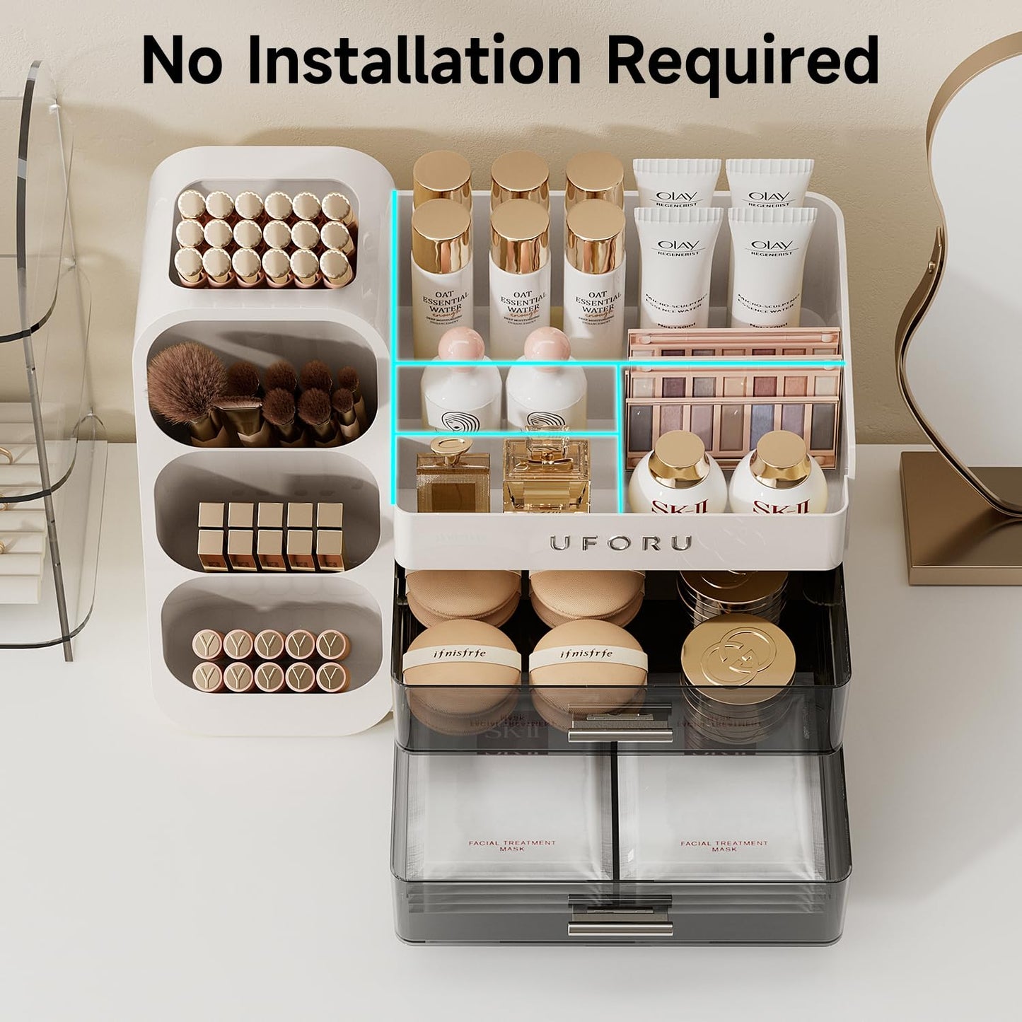 UFORU Makeup Organizer For Vanity, Countertop Organizer With Drawers, Spacious Cosmetic Display Case for Beauty Essential, Skincare, Lipstick (White)