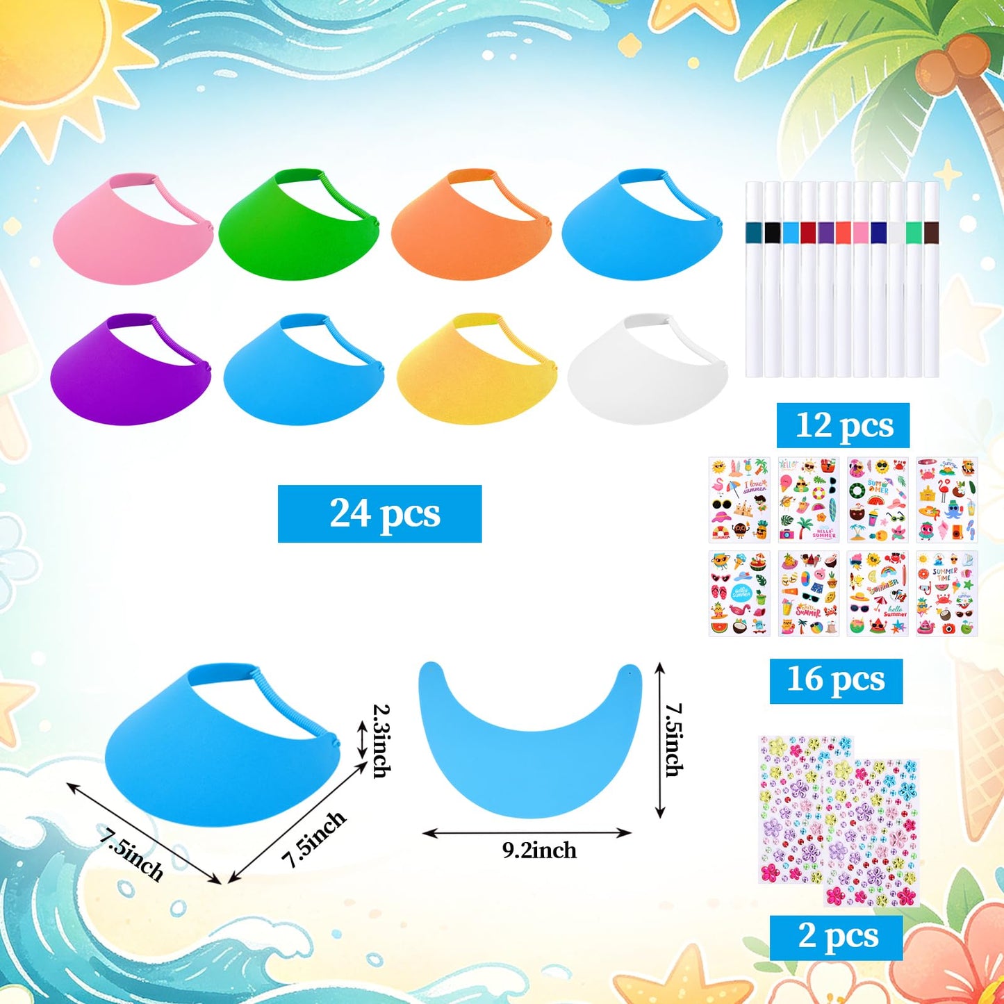 Chzhwlc 24 Sets Summer Felt Visor Hats Crafts Kits Bulk, DIY Beach Sun Visor Hat Activities with Stickers for Summer Party Crafts Hawaiian Party Supplies