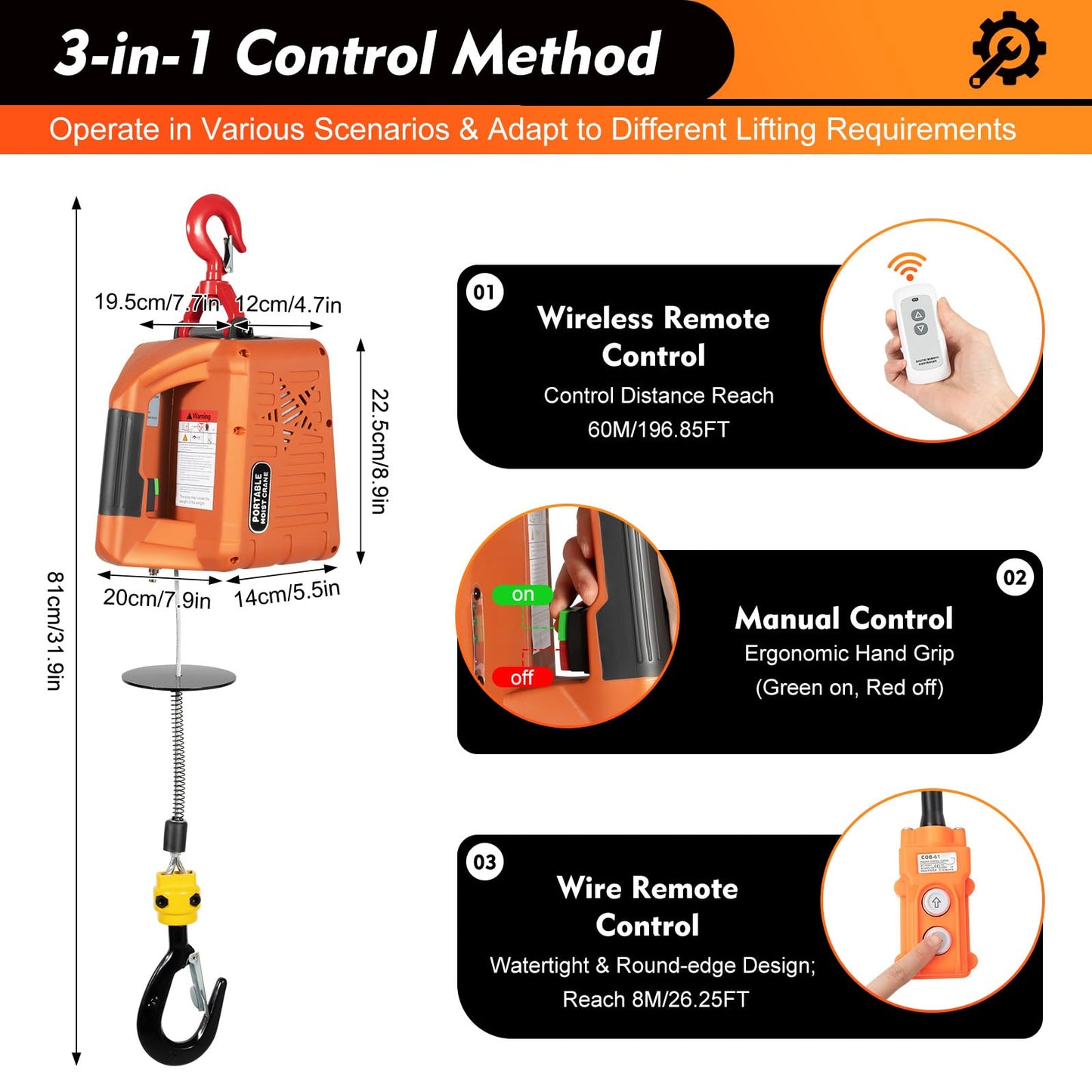 2300LBS/1T Electric Hoist Winch Portable Electric Power Winch New Upgrade Electric Hoist Crane w/Overload Protection 38ft Lifting Height for Attic Pro Utility Lift,3 in 1 Control Method