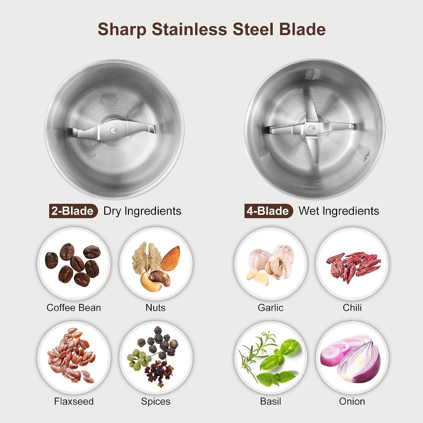 Secura Electric Coffee Grinder and Spice Grinder with Stainless Steel Blades, 2 Removable Bowls, Black