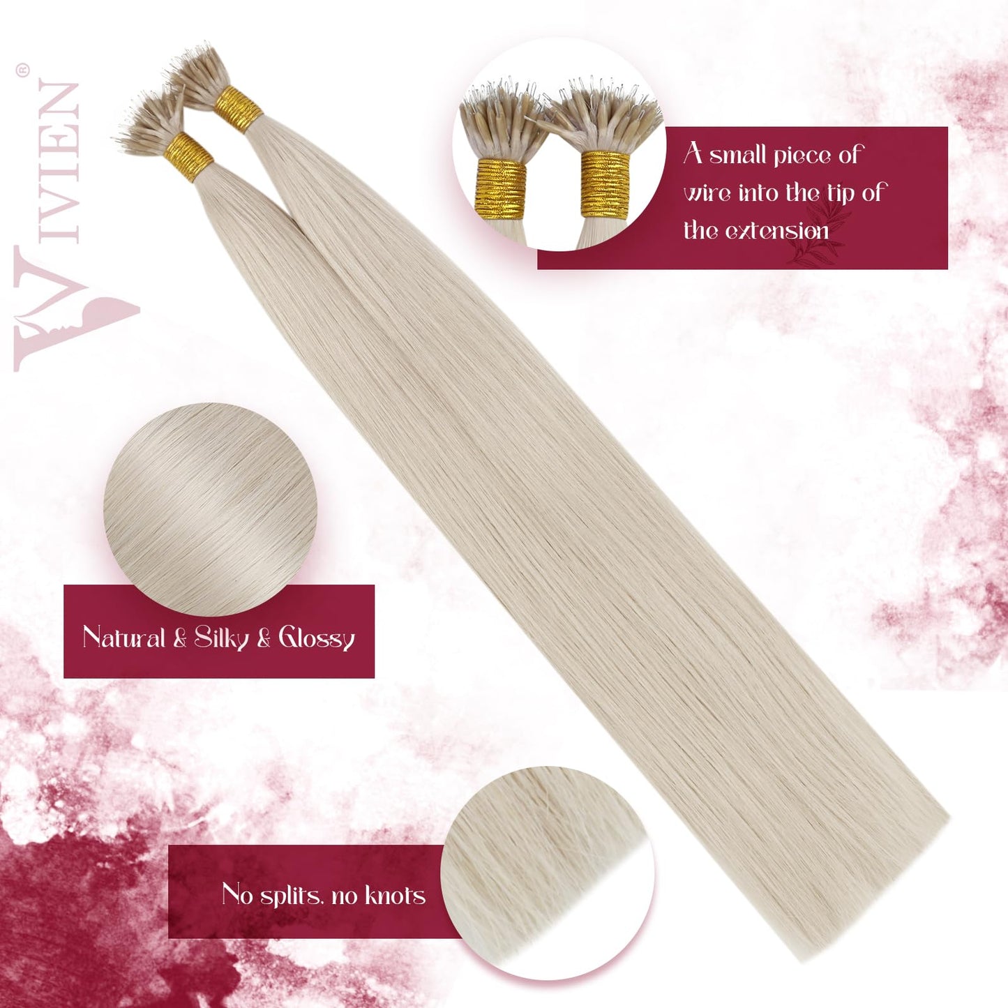 Vivien 20 Inch Nano Bead Hair Extensions Human Hair Nano Link Hair Extensions Real Human hair Platinum Blonde Invisible Straight Blonde Human Hair 50G/50S