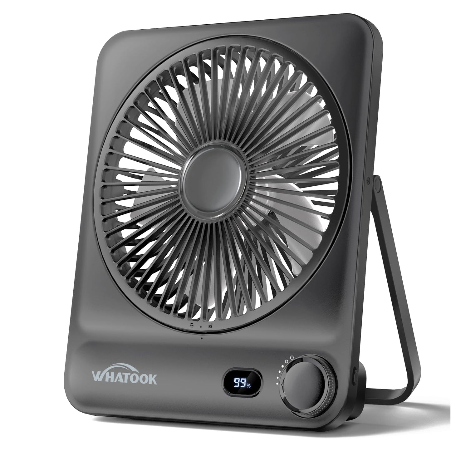 WHATOOK Large Travel Desk Fan: 10000mAh Battery 40 Hours Runtime Silent Rechargeable Fans, Quite Personal Portable Fan for Camping Bedroom Office Small Desktop fan (8.3 * 7.1inch Black) (Black)