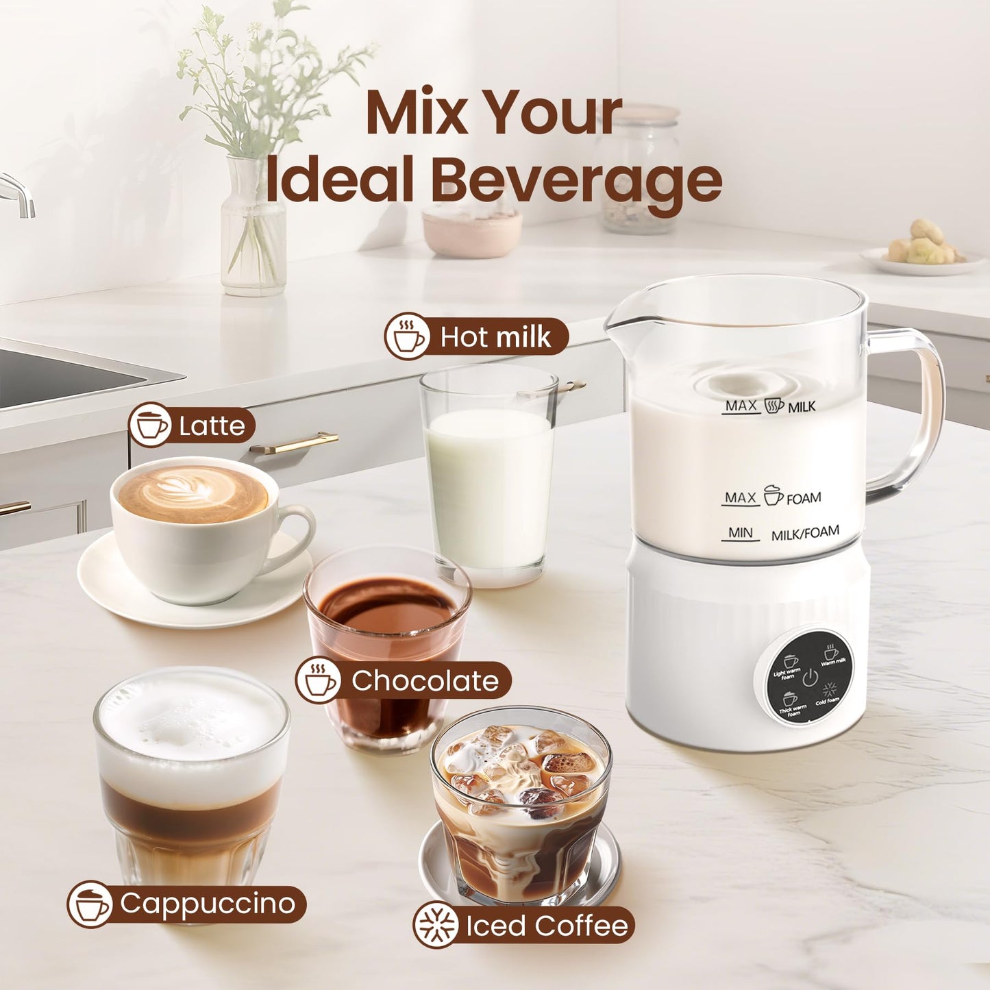 Casimhu 4-in-1 Milk Frother, Electric Milk Frother and Steamer with LED Touch Screen, Ceramic Lining Bottom, Milk Warmer 13.52oz for Lattes, Cappuccinos, and Macchiatos at Home (White)
