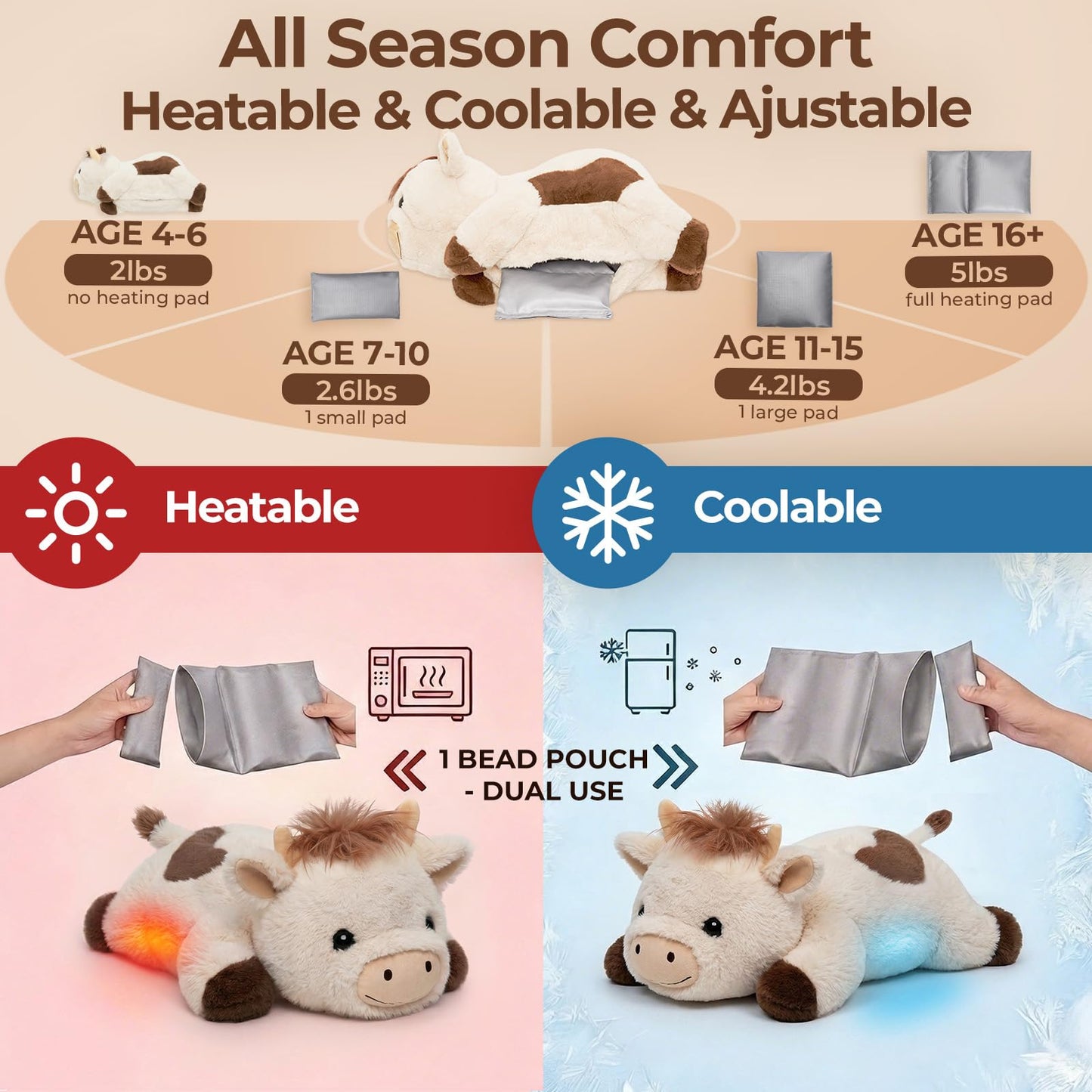 Mewaii Weighted Stuffed Animals with Microwavable Heating Pad - 5lb Adjustable, Heatable & Coolable Cow Plush for Realistic Hug, Removable Inner Pad, Perfect Plush Gift for Kids, Adults (23 Inch)