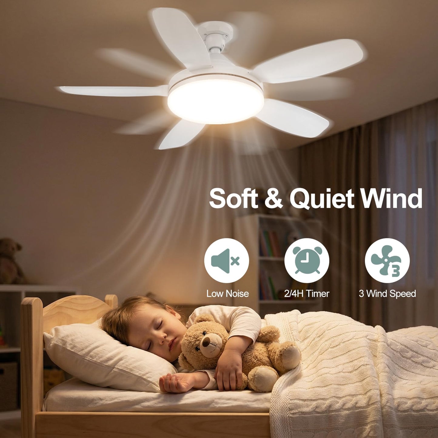 WZZIW 32" Socket Fan Light, 3000 Lumens Small Ceiling Fans with Lights and Remote, E26/E27 Light Bulb Fan with Reversible Motor, Dimmable 3000K-6500K Light Socket Fan for Bedroom Kitchen Garage