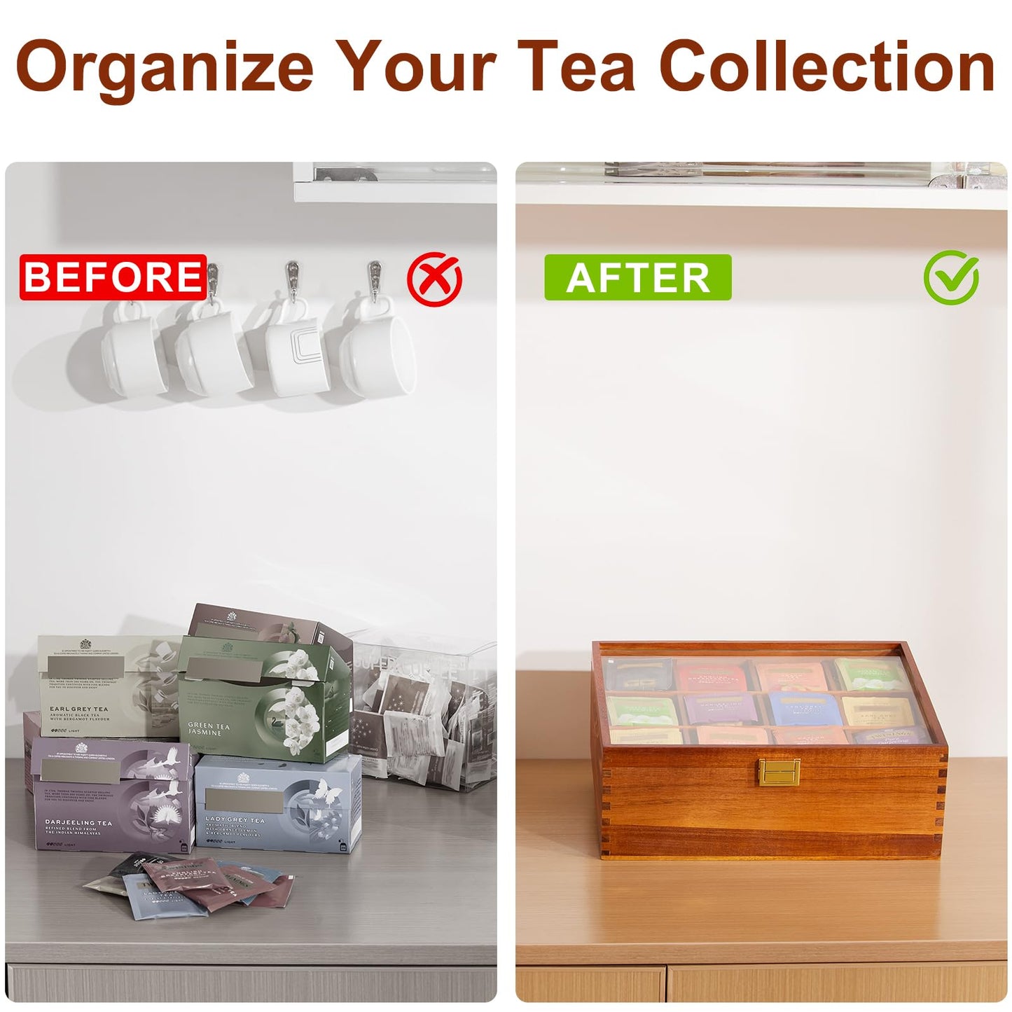 HouseJoy Tea Bag Organizer, Acacia Wood Tea Storage Box, 12 Compartments Tea Bags Storage Drawer with Clear Glass Window, Tea Bag Holder for Countertop Kitchen Cabinet Pantry - Keeps Tea Bags Fresh
