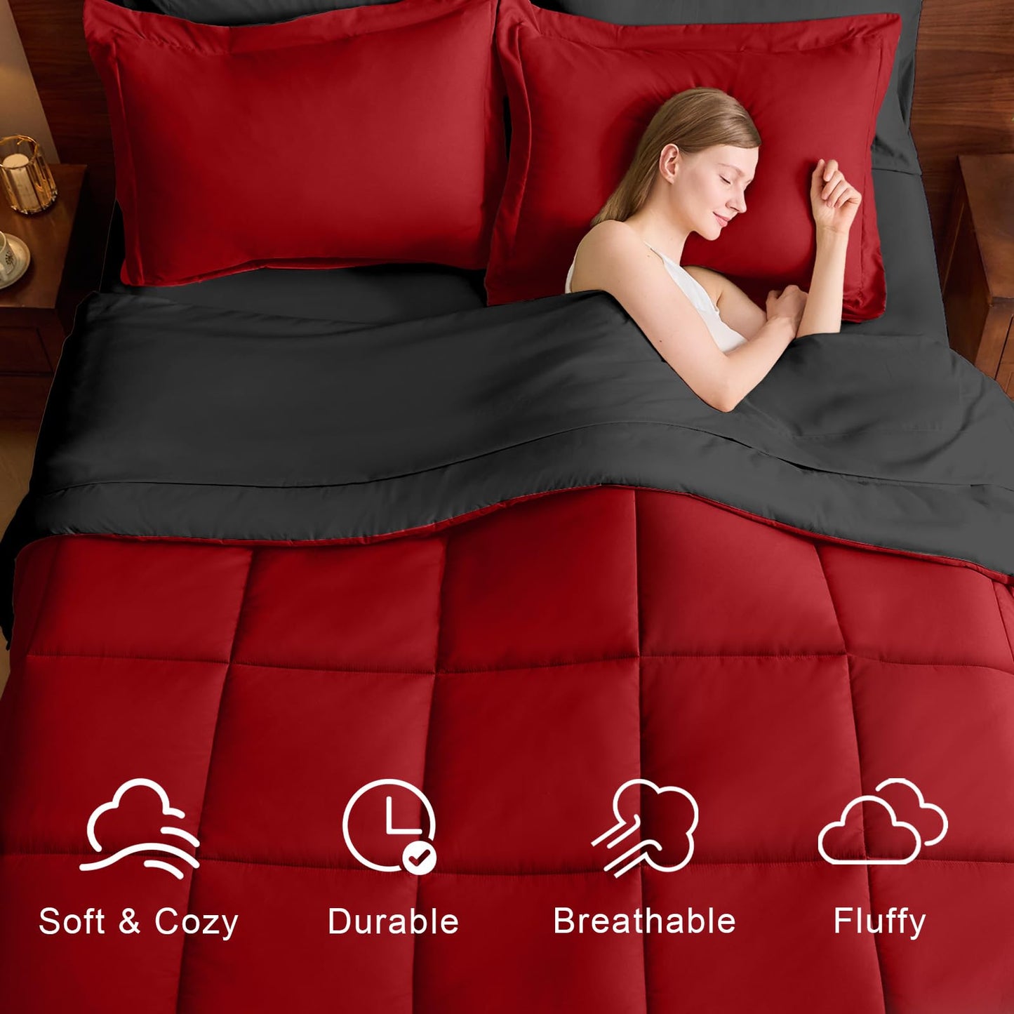 FUANNA King Size Comforter Set 7 Pieces, Reversible Bedding Sets with All Season Premium Comforter, Bed in a Bag King Includes Comforter, Flat Sheet, Fitted Sheet, Pillowcases & Shams, Red & Black