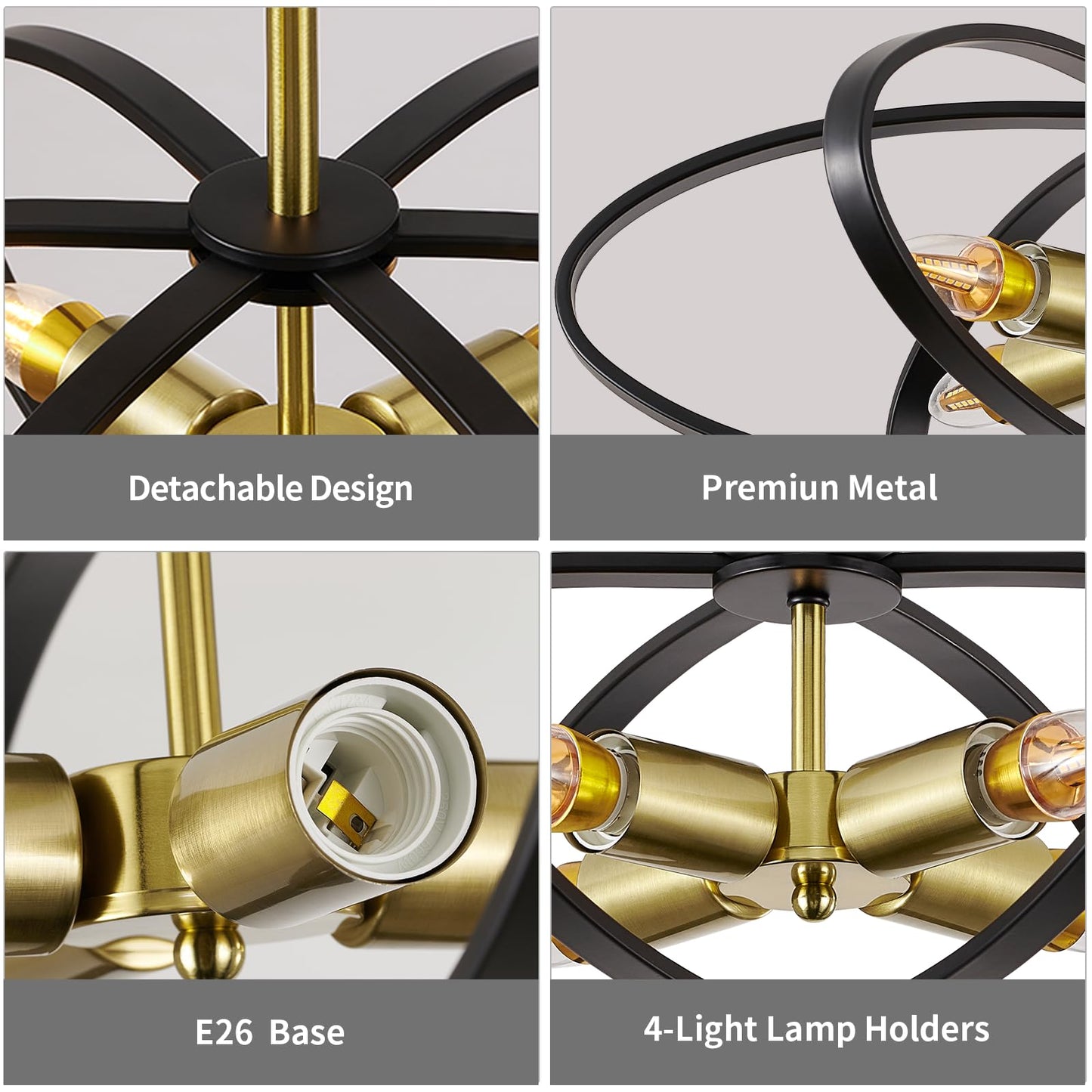Semi Flush Mount Ceiling Light Chandelier 20'' Black and Gold Modern Light Fixtures Ceiling 4-Light Farmhouse Chandelier Style Flower Shape for Bedroom,Kitchen,Porch,Hallway