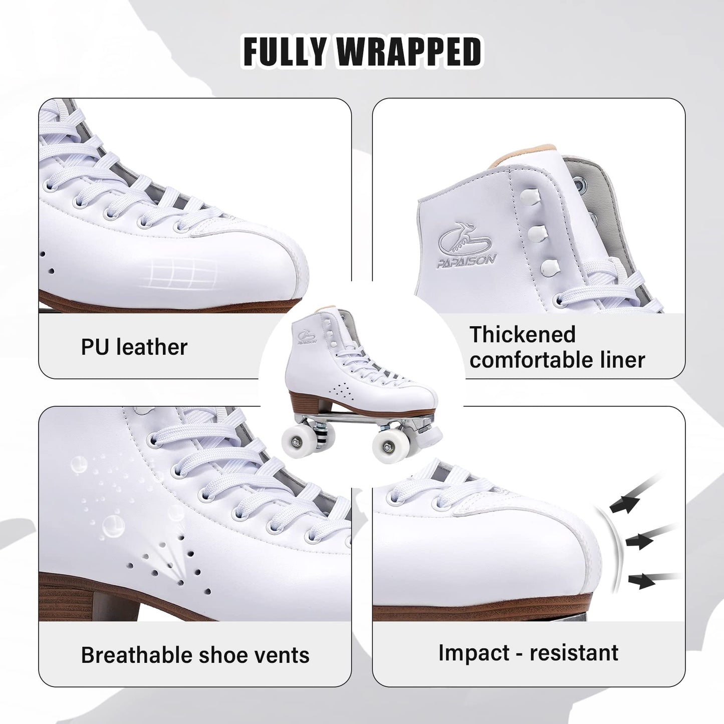 PAPAISON Roller Skates for Women and Girls, Deluxe 2 Layer Microfiber Leather Double Row-Classic Roller Skates for Men, Professional Outdoor Indoor Quad-Skates for Kids & Adults