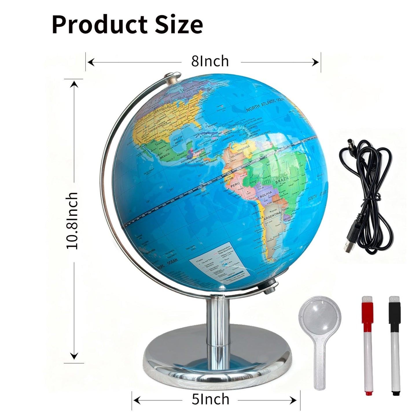 Sexacohu 8'' Illuminated Globe for Kids World Globe with Stable Metal Base