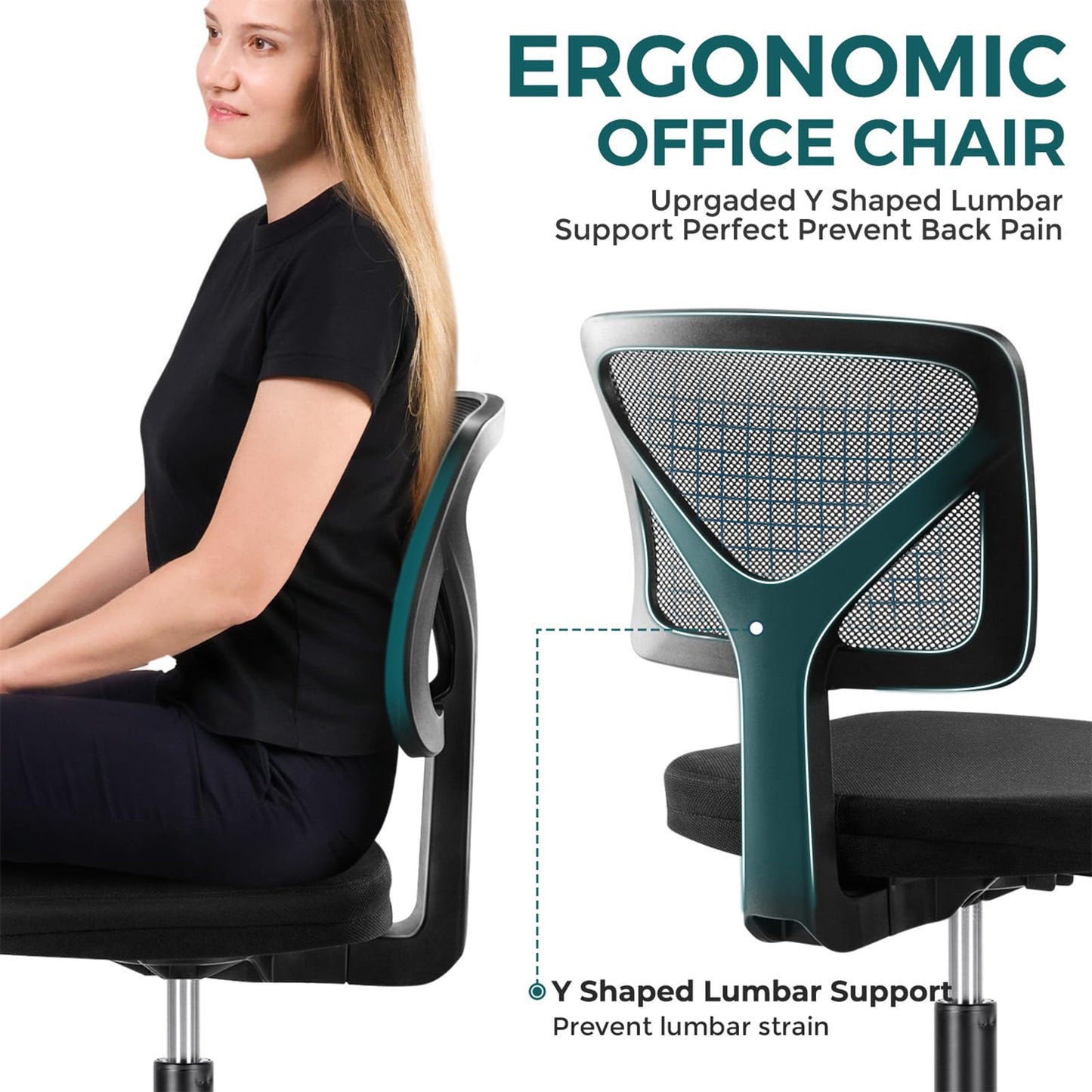DUMOS Armless Office Chairs with Wheels, Ergonomic Adjustable Home Desk Swivel Rolling Task Chair No Arms, Comfy Mesh Mid Back Computer Work Vanity Desk Chairs for Small Spaces, New Black