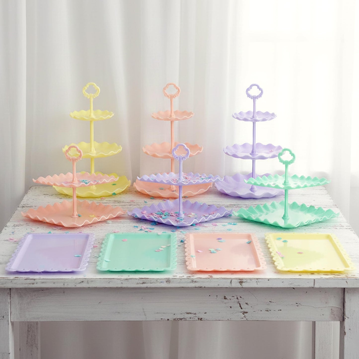 Pack of 11 NWK Cake Stand Set, with 3 x Two-Tier and 3 x Three-Tier Cupcake Stands, 4 x Appetizer Trays, 1 x Tablecloth for Birthday Bridal Baby Shower Party (Colorful)