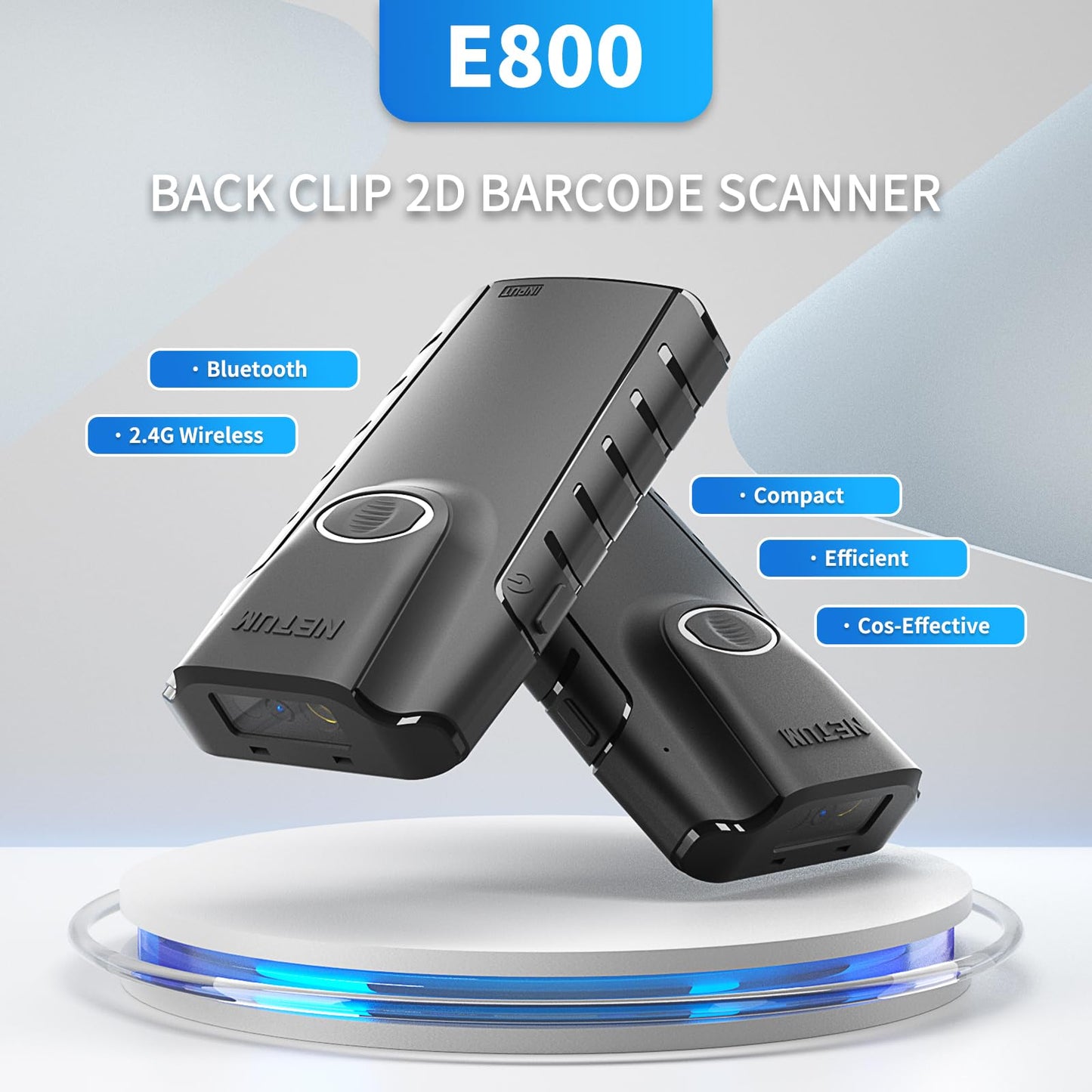 NETUM Bluetooth 2D Barcode Scanner, 3-in-1 Small Portable QR Bar Code Reader Automatic Wireless Gun Scan Back Clip Work with Tablet iOS Android Windows MacOS for Warehouse Inventory POS (2D - E800)