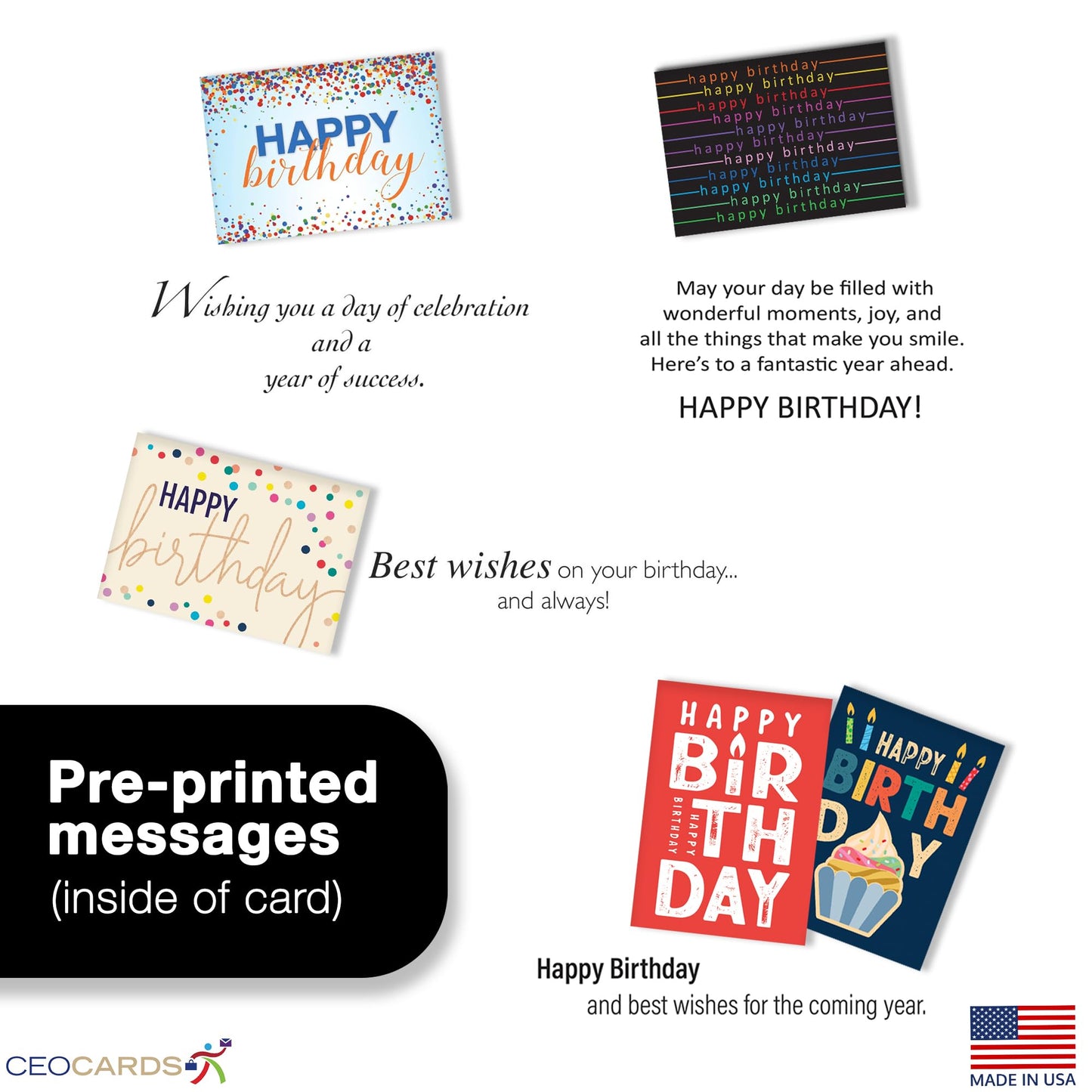 Happy Birthday Cards with Envelopes (25 Variety Pack – 5 Designs) Creative Bulk Birthday Card Set for Family & Business (5x7 inch – A7) Office, Work, Coworkers, Employees, Clients (VP2410) Made in USA