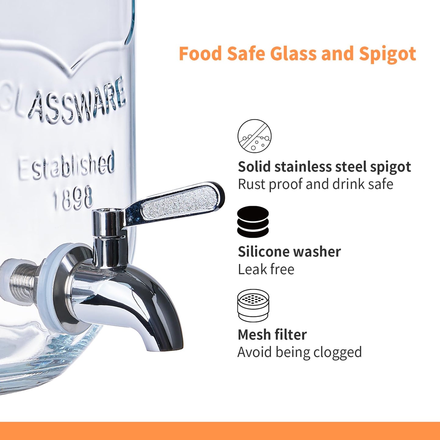 ShoreHao 2 Pack1Gallon Glass Drink Dispenser with Stand&Bamboo Lids&Fruit Infuser,304 Stainless Steel Leak-Proof Spigot,Beverage Dispenser for Parties,Water Sangria Juice Sun Tea Lemonade(Natural)