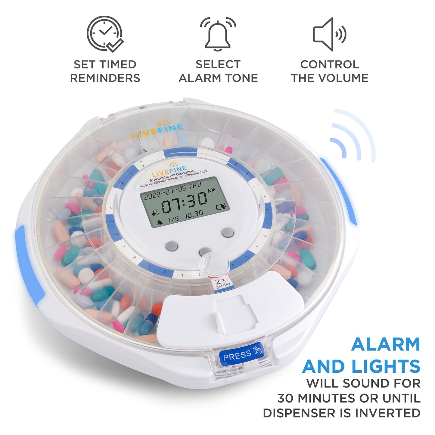 LiveFine Automatic Pill Dispenser with 28-Day Electronic Medication Organizer, 6 Dosage Rings, LCD Display with Sound & Light Alerts, Key & Magnifying Glass for Prescriptions, Vitamins & Supplements