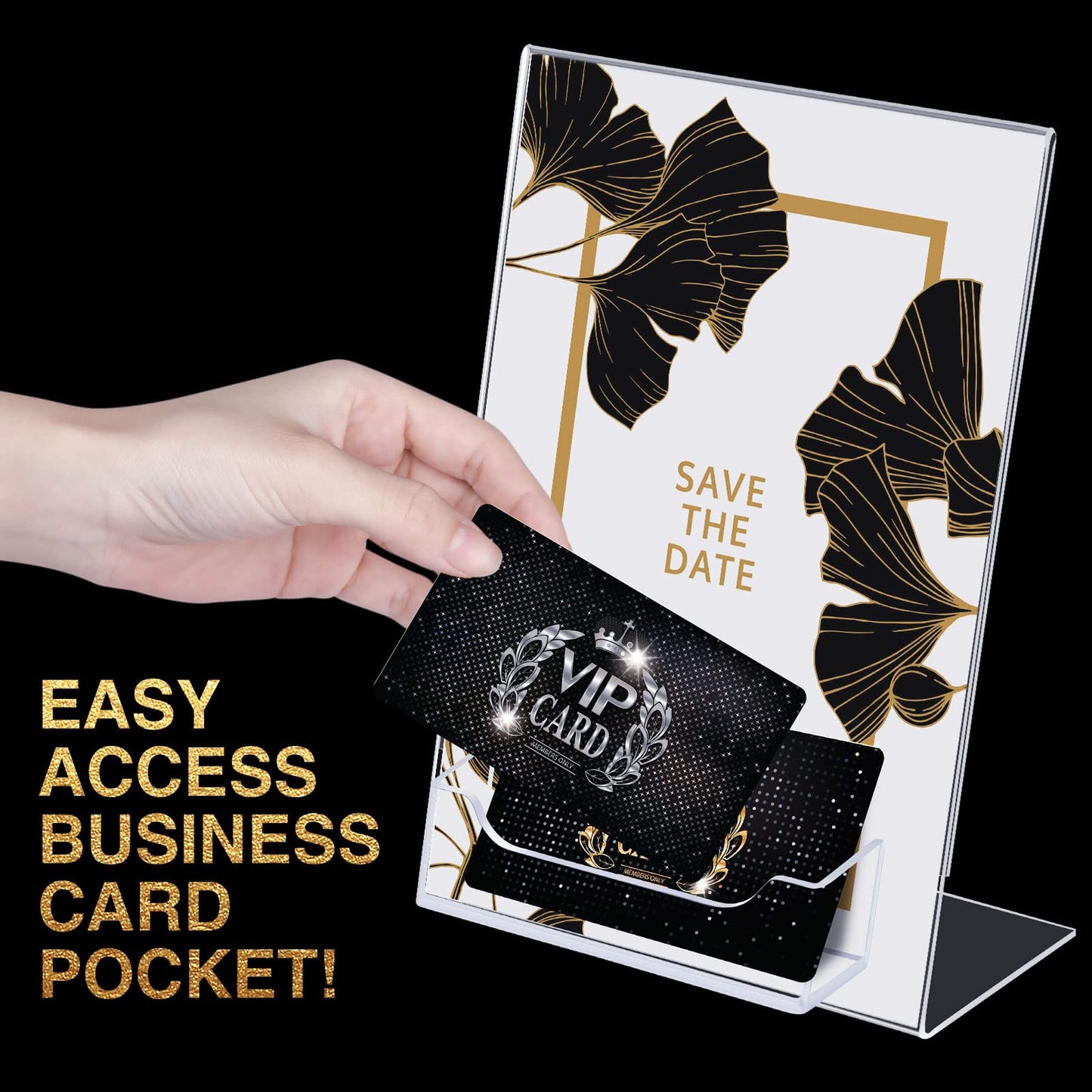 Crtiin 6 Pcs Acrylic Slanted Sign Holder with Business Card Holders Clear Display Stand Flyer Stand with Gift Card Holder for Office Table Advertisement Brochure (5 x 7 Inch,Side Insert)