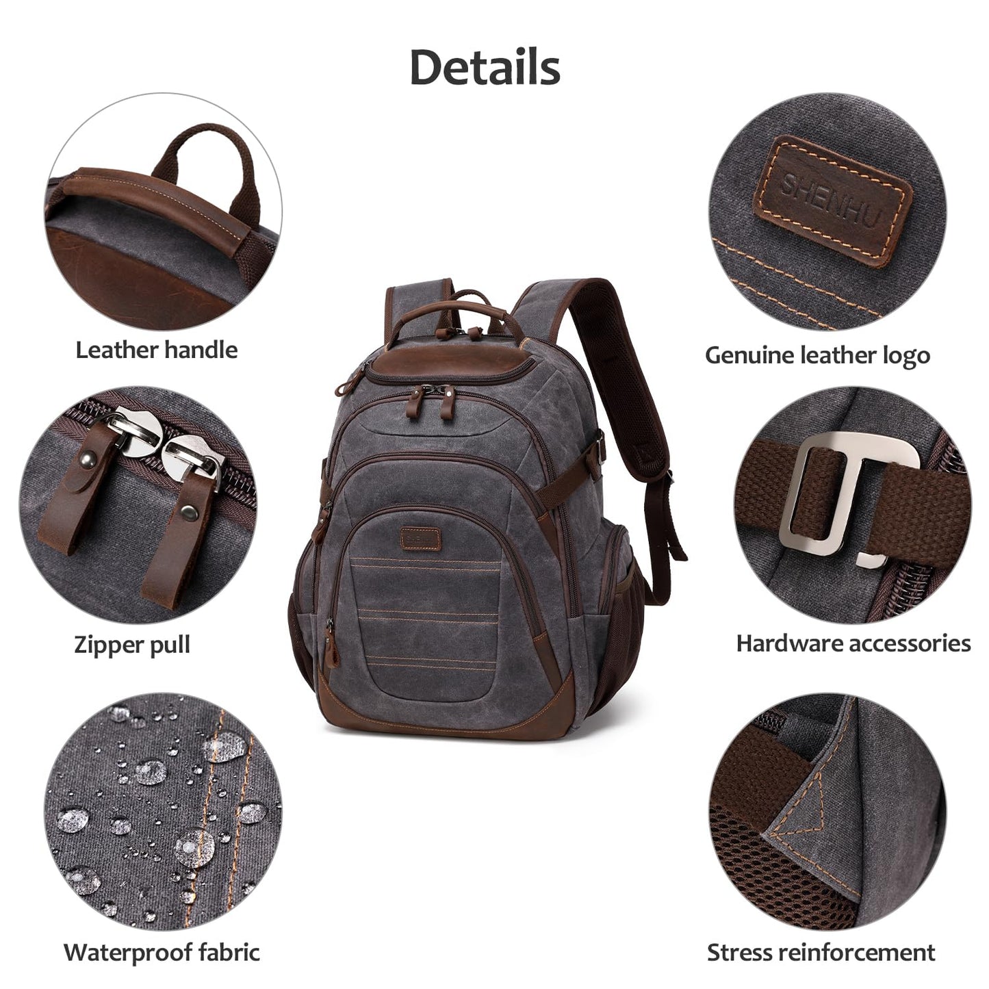 SHENHU Travel Laptop Backpack 17.3 inch XL Computer Backpack for Men Waxed Canvas College Daypack Business Backpack Black Gray
