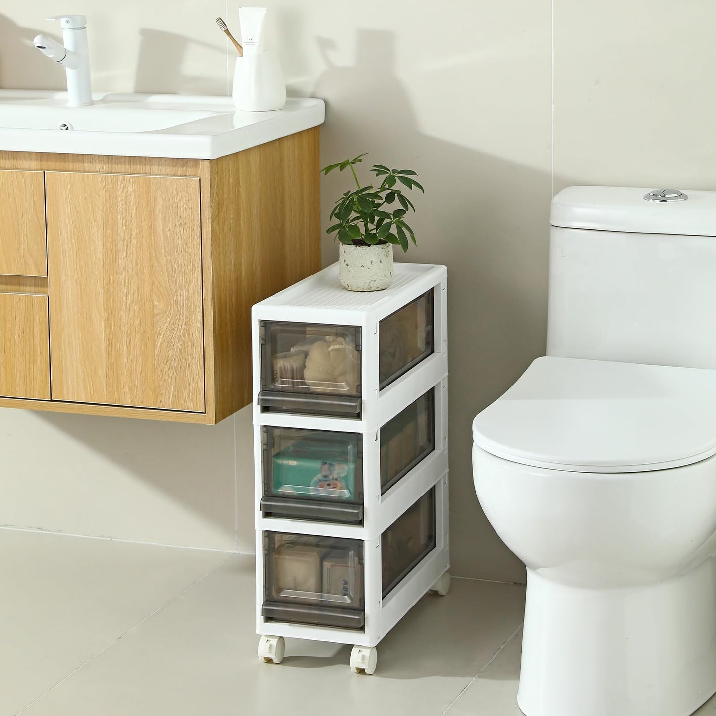 Sunamon Plastic 3 Drawer Storage Organizer, Narrow Plastic Storage Drawers with Wheels, Storage Cart with Drawers for Small and Narrow Space, 7.87-inch Wide (white)