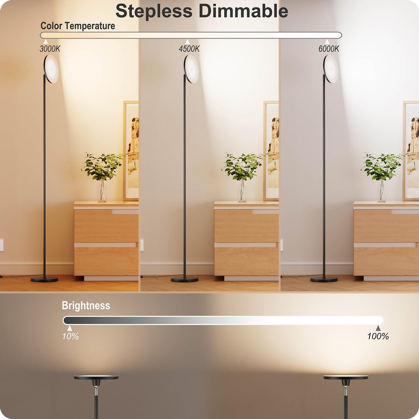Dimmable Floor Lamp with Remote，Floor Lamps for Living Room Bedroom Office，Adjustable Brightness (10%-100%)and Color Temperature (3000k- 6000k )，Standing Lamp Tall Lamp with Foot Switch (black)