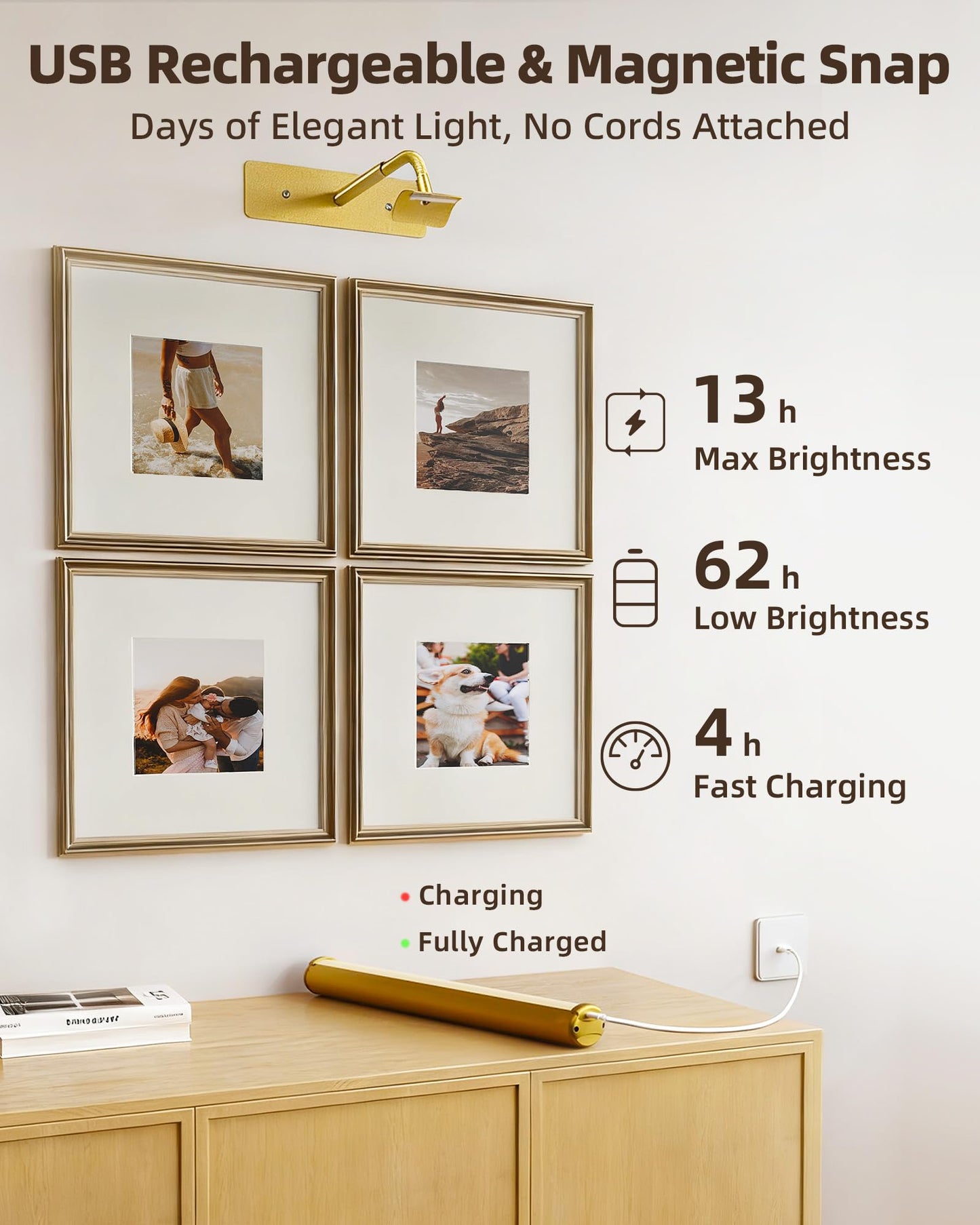 EZVALO Picture Light for Wall, ⁠13-Inch Wireless Rechargeable 4000mAh LED Art Light with Remote, Dimmable 3 Color Temps, Battery Operated Wall Light for Living Room, Bedroom, Gallery (Gold, 2 Pack)