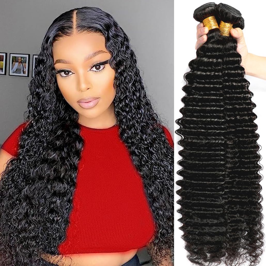 younsolo Deep Wave Bundles Human Hair 3 Bundles (20 22 24 inches) 12A Brazilian Virgin Bundles 100% Human Hair Deep Wave Bundles Deep Wavy Raw Hair Natural Black