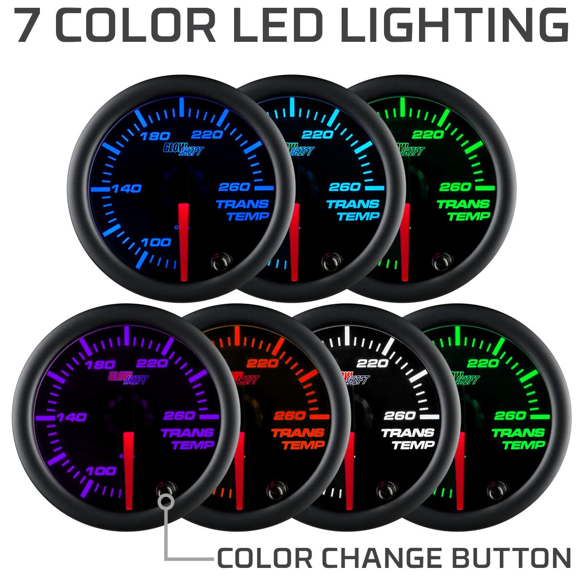 GlowShift Black 7 Color 260F Automatic Transmission Temp Gauge Kit - Includes 1/8-27 NPT Electronic Sensor & Wiring - Multi-Color Display - Black Dial - Clear Lens - for Car & Truck - 2-1/16" 52mm