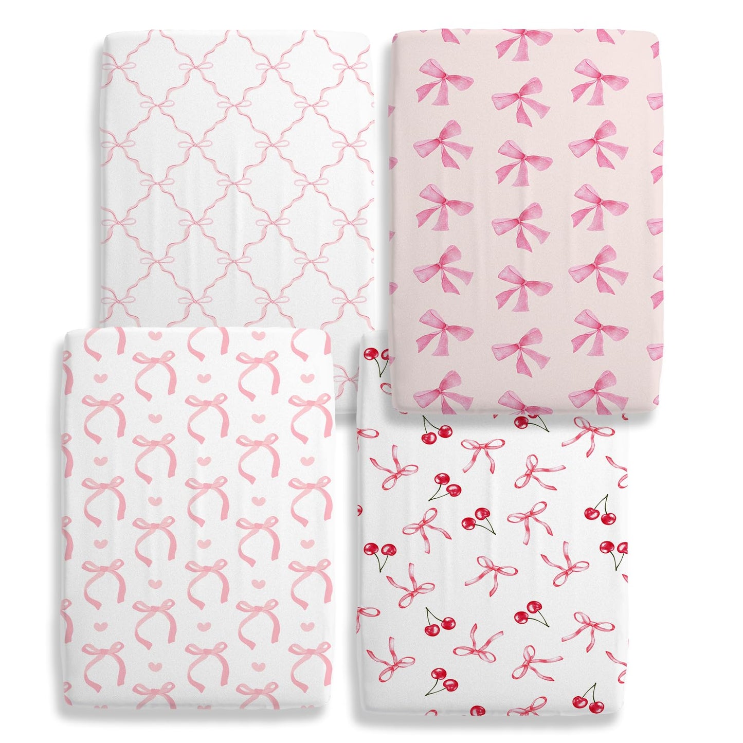4 Pack Pink Bow Crib Sheet Set for Baby Girl, Soft Breathable Fitted Crib Sheet 28 x 52 in, Nursery Decor for Standard Crib and Toddler Bed Mattresses