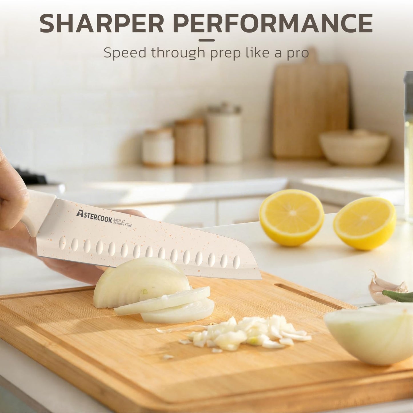 Astercook Knife Set, 15 Pieces Kitchen Knife Set with Sharpener Block, German Stainless Steel Knives with Anti-Rust Coating, Dishwasher Safe, Elegant Cream White Design, Perfect for Holiday Gifts