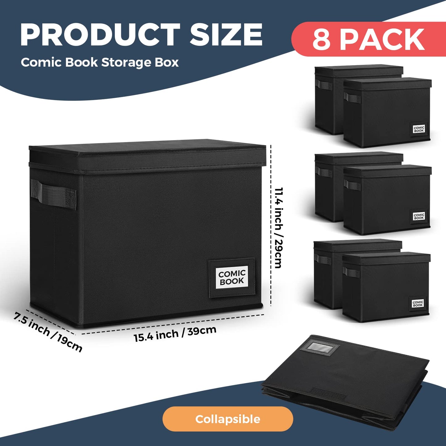 Lincia 8 Pack Comic Book Storage Boxes, 15.4" x 7.5" x 11.4" Book Box Organizer Collapsible with Handles, Stackable Short Bin to Holds 150-180 Comics for Home School Classroom, Black