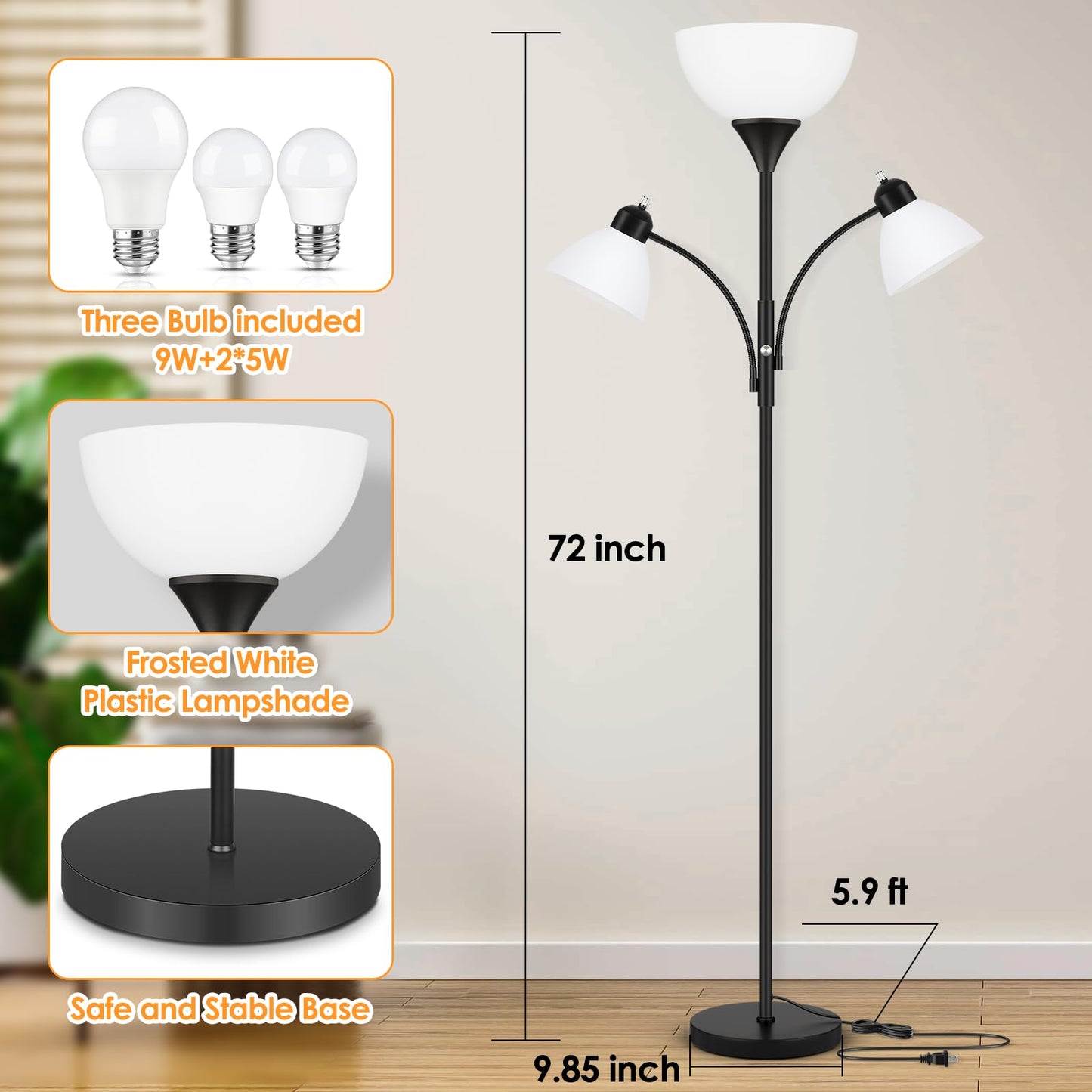 Coucrek Torchiere Floor Lamps for Living Room,72" Dimmable Lamp with 2 Adjustable Reading Lights for Bedroom, Black Tall Standing Room Lamp, 3 Bulbs Included
