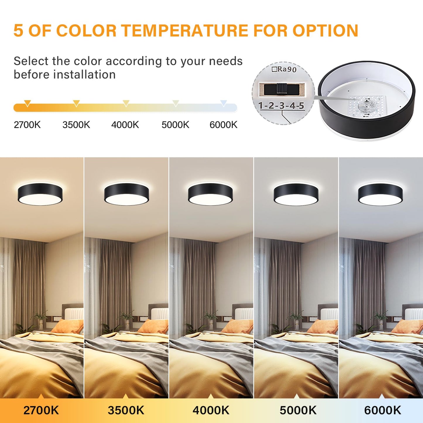 Dimmable Modern Flush Mount Ceiling Lights, Black 5CCT LED Ceiling Light Fixture, Minimalist Round Kitchen Lighting Fixtures for Bedroom, Laundry Room, Hallway, Entryway, 11.8 Inch