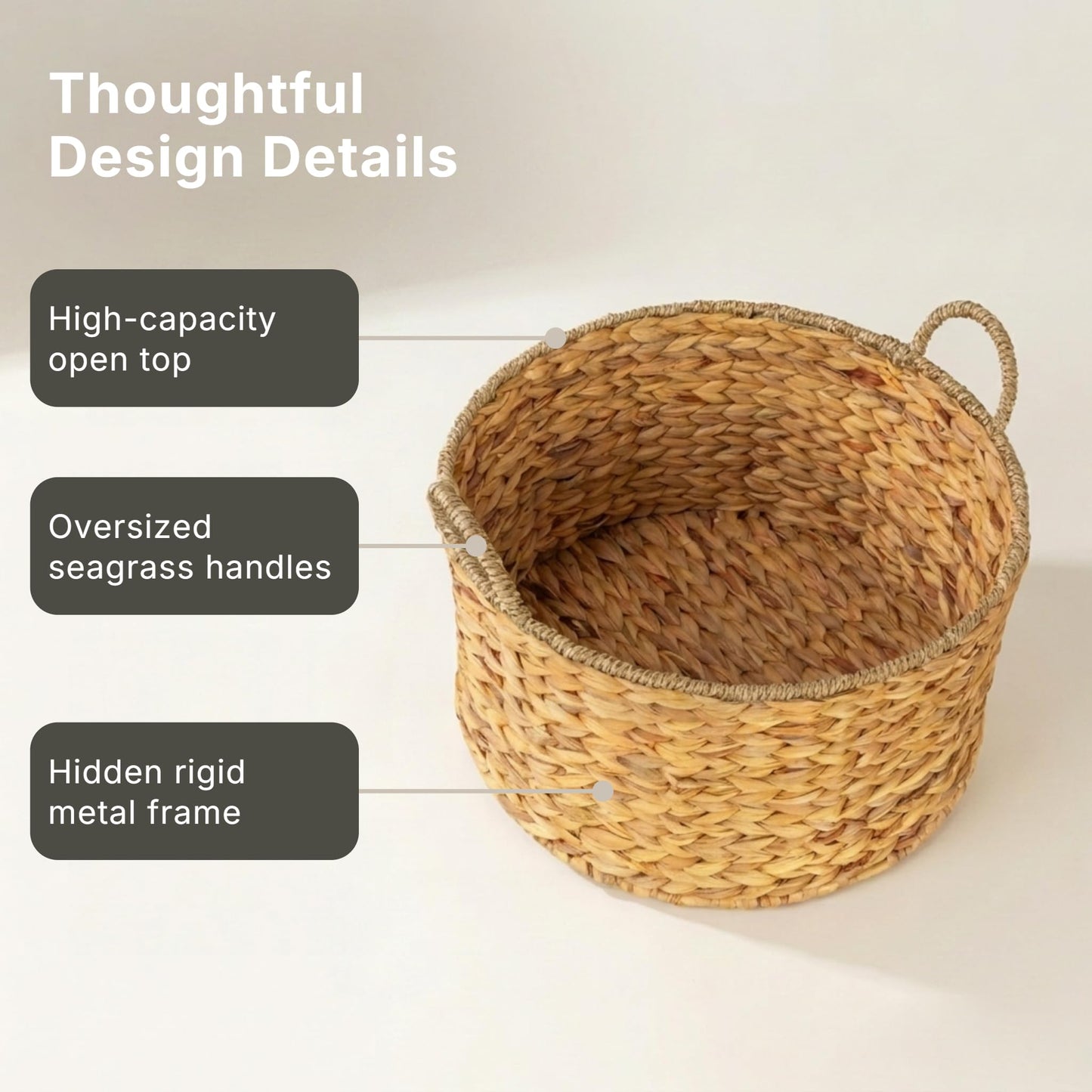 Household Essentials Round Handwoven Water Hyacinth and Seagrass Basket with Handles, Natural