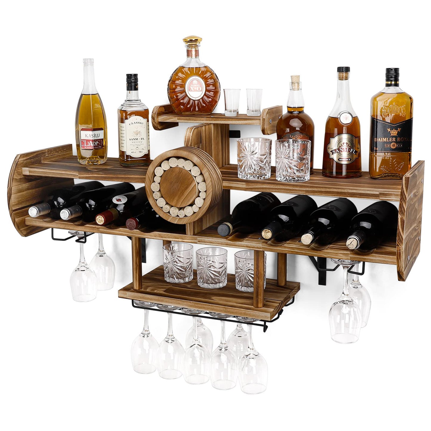 Homde Wine Rack Wall Mounted Wood,Alcohol Shelf with Bottle Stemware Glass Holder Rustic, Airplane Shape Multi Functional Liquor Display Storage for Home Bar (Light Brown)