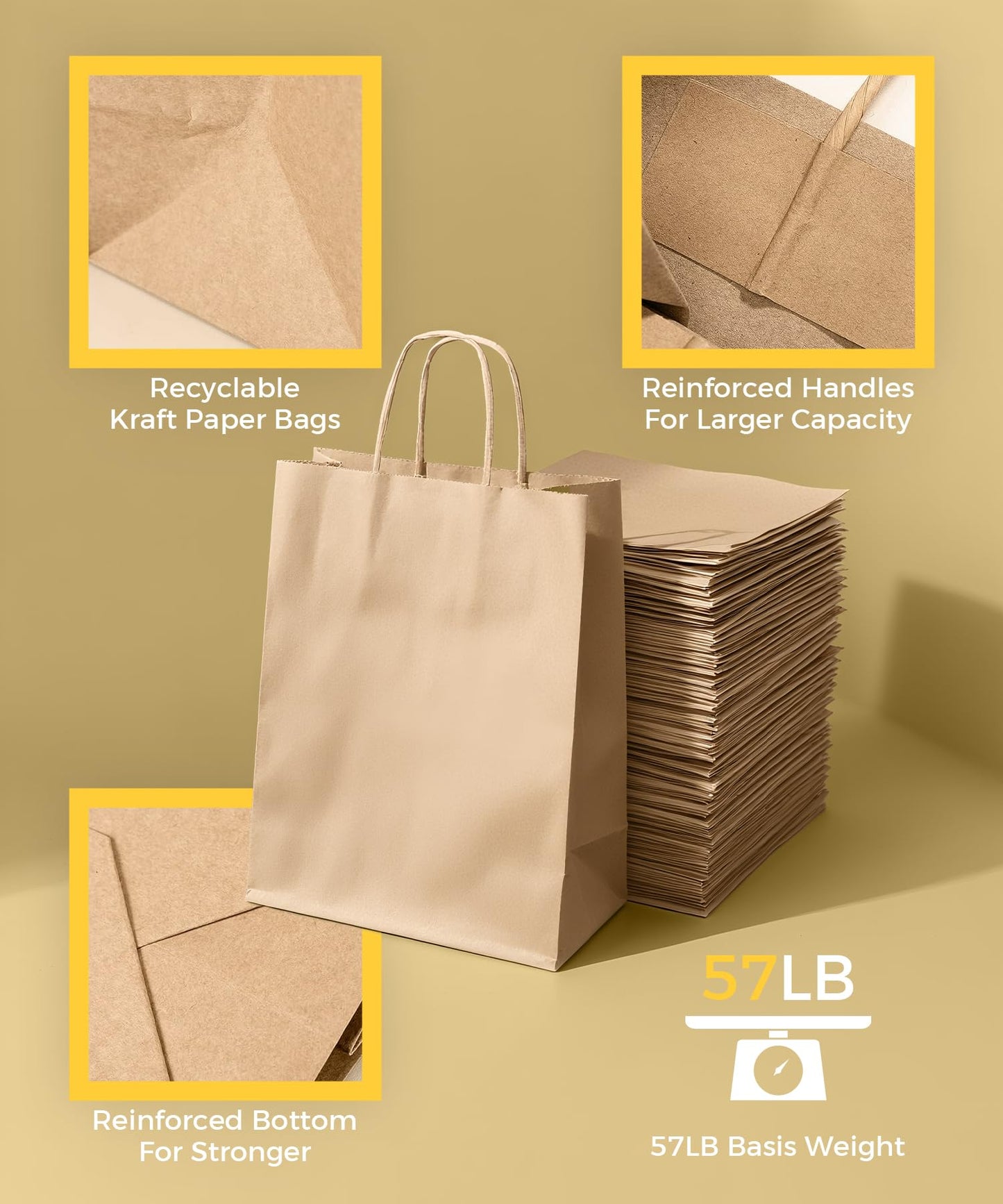 Sipthene Paper Grocery Bags with Handles (100 Pcs Bulk) 12x7x14 Inches, Large Brown Paper Bags 57 Lbs Basis - Heavy Duty Kraft Paper Sacks for Shopping, Retail, Takeout, To Go