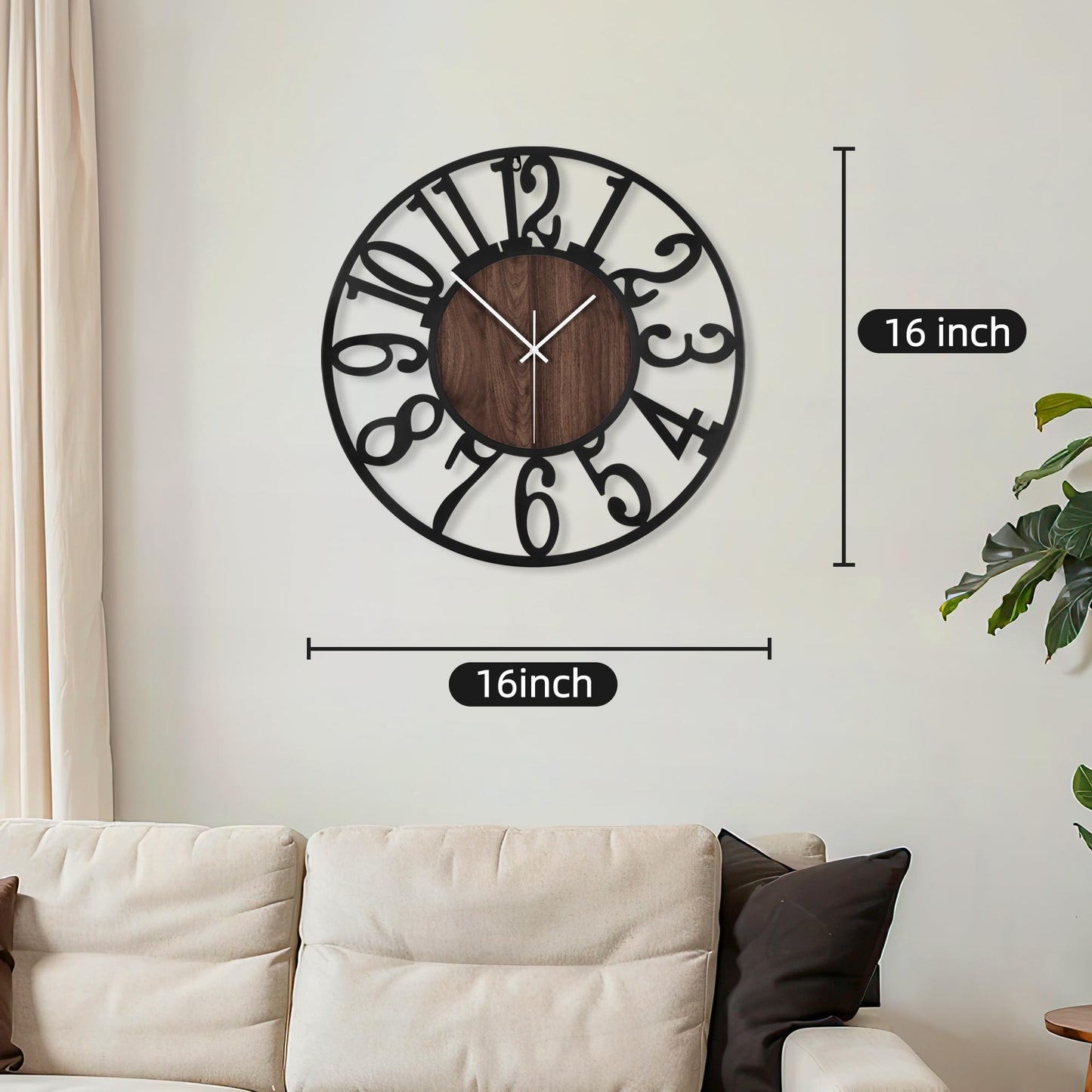 Maxstar Round Wall Clock for Living Room Decor Battery Operated Non Ticking Black Metal Wood Clocks for Home Living Room Garden Office Kitchen Decoration -16 inch