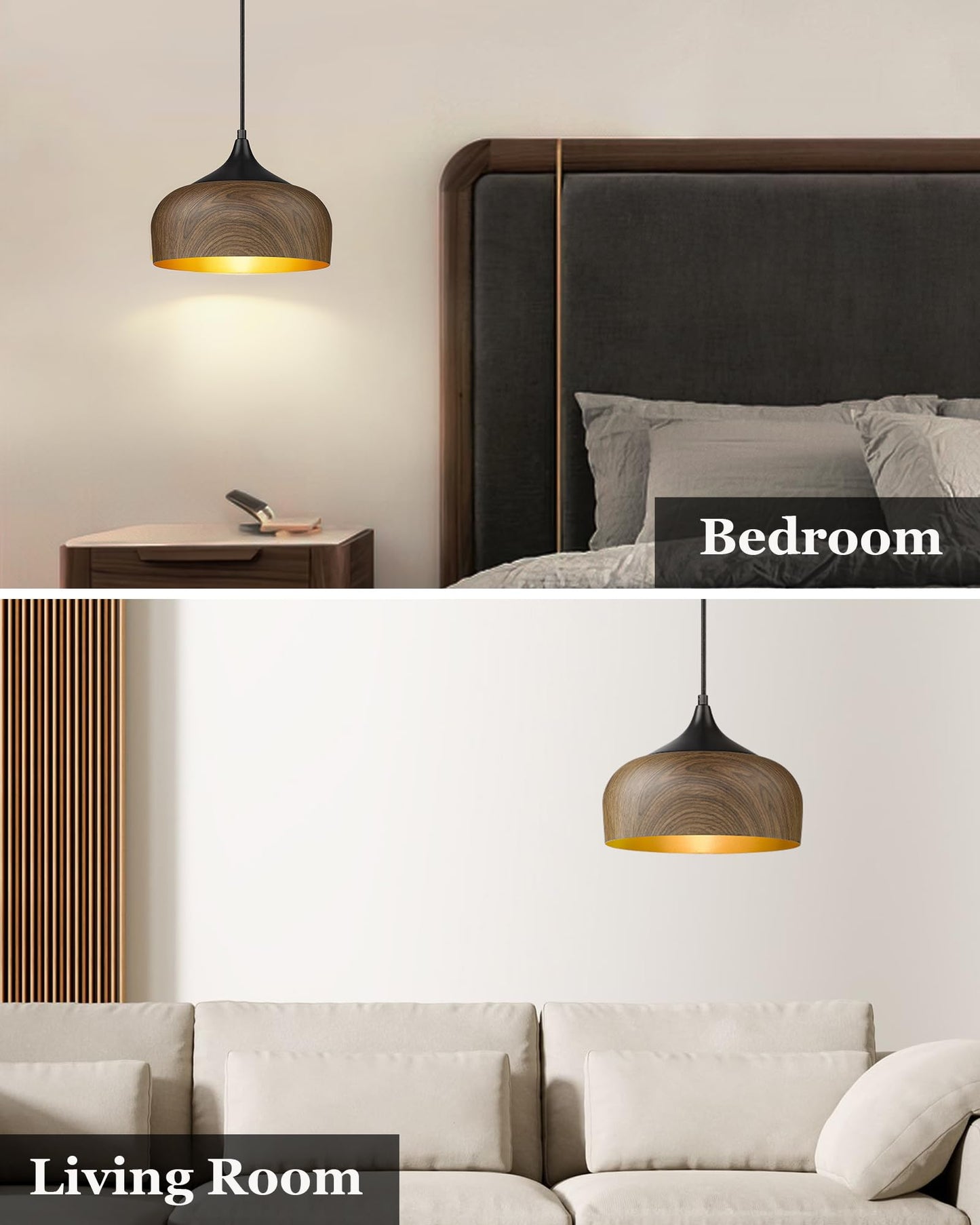 ELYONA Modern Bauhaus Pendant Light Walnut Wooden Pattern Dome Pendant Light Fixture Matte Black Metal Gold Inner Adjustable Hanging Lighting for Kitchen Island Dining Room Office Hallway Bedroom