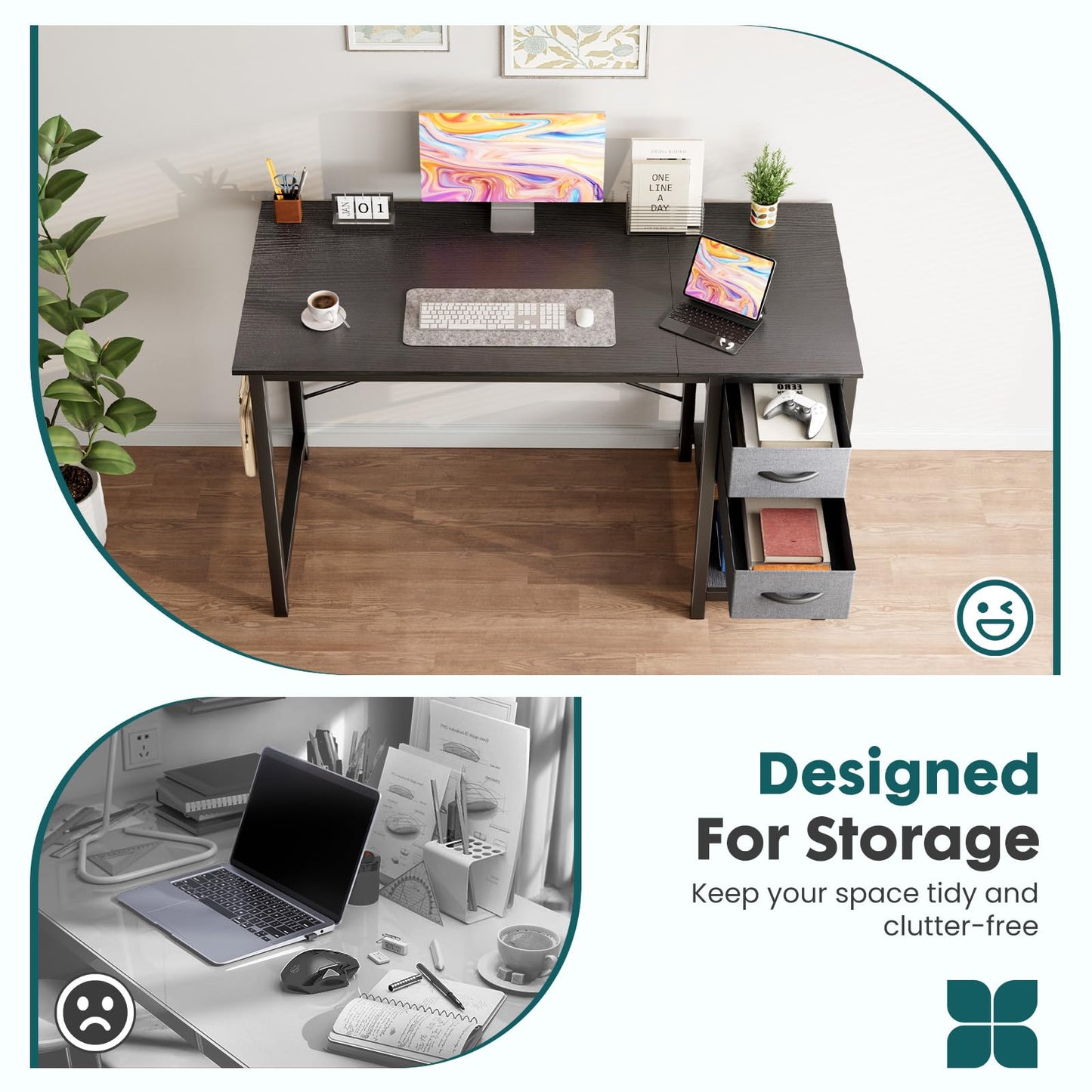 Sweetcrispy 40 Inches Computer Desk with Drawers Home Office Writing Table X-Shaped Reinforcement Modern Work Surface Side Hook Sturdy Metal Frame Large Space Storage Organization Black