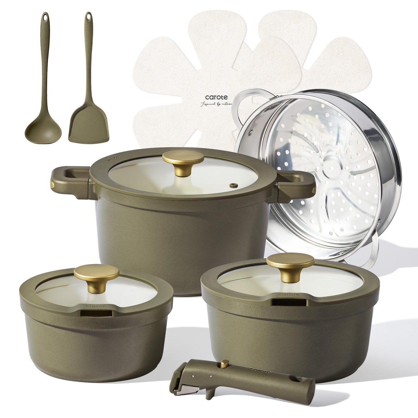 CAROTE Ceramic Saucepan Set 5.5QT/3QT/2QT，Nonstick Cooking Pots Set with Detachable Handles，Non-toxic Stock Pots with Lid，Induction Comptable，PFAS and PFOA Free，Olive Green