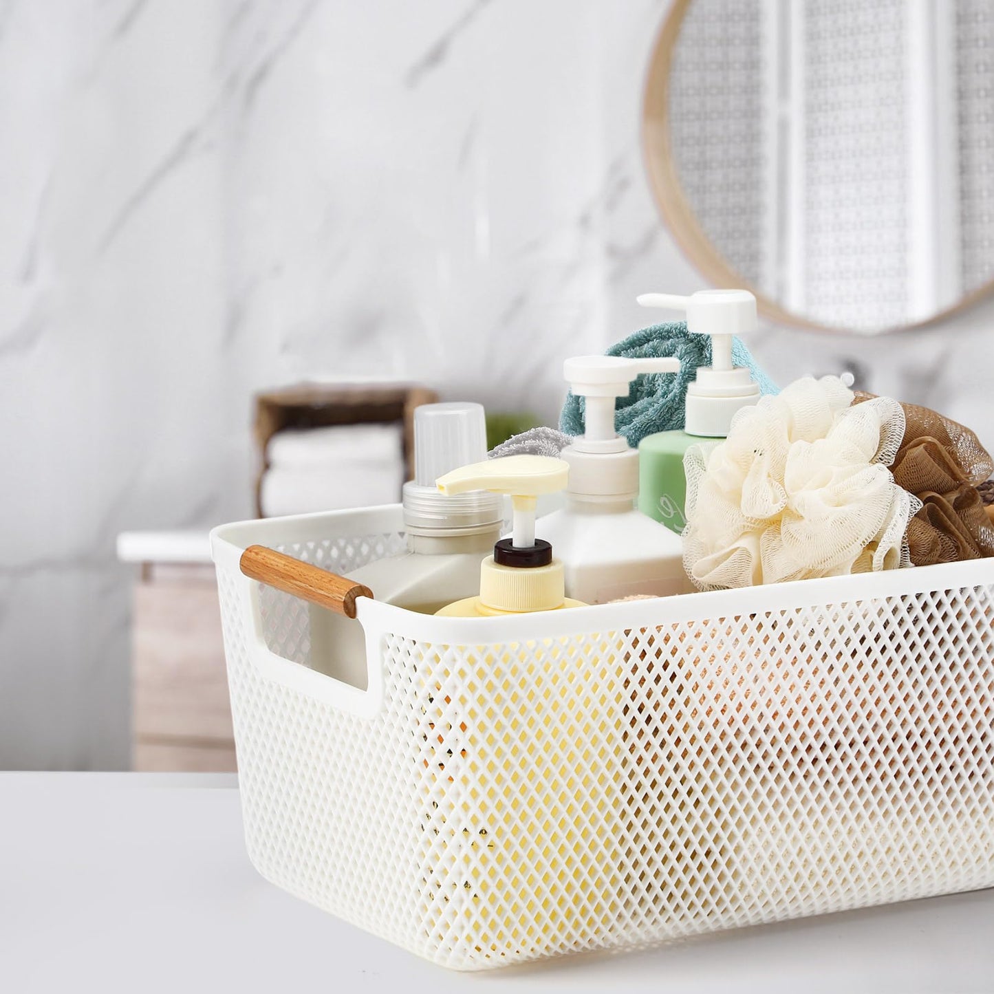 Tioncy 4 Pcs White Mesh Baskets with Wooden Handles Plastic Storage Organizer Baskets Pantry Basket Fruit Vegetables Gathering Basket Bin for Organizing Cabinet Closet Bedroom Kitchen(Large)